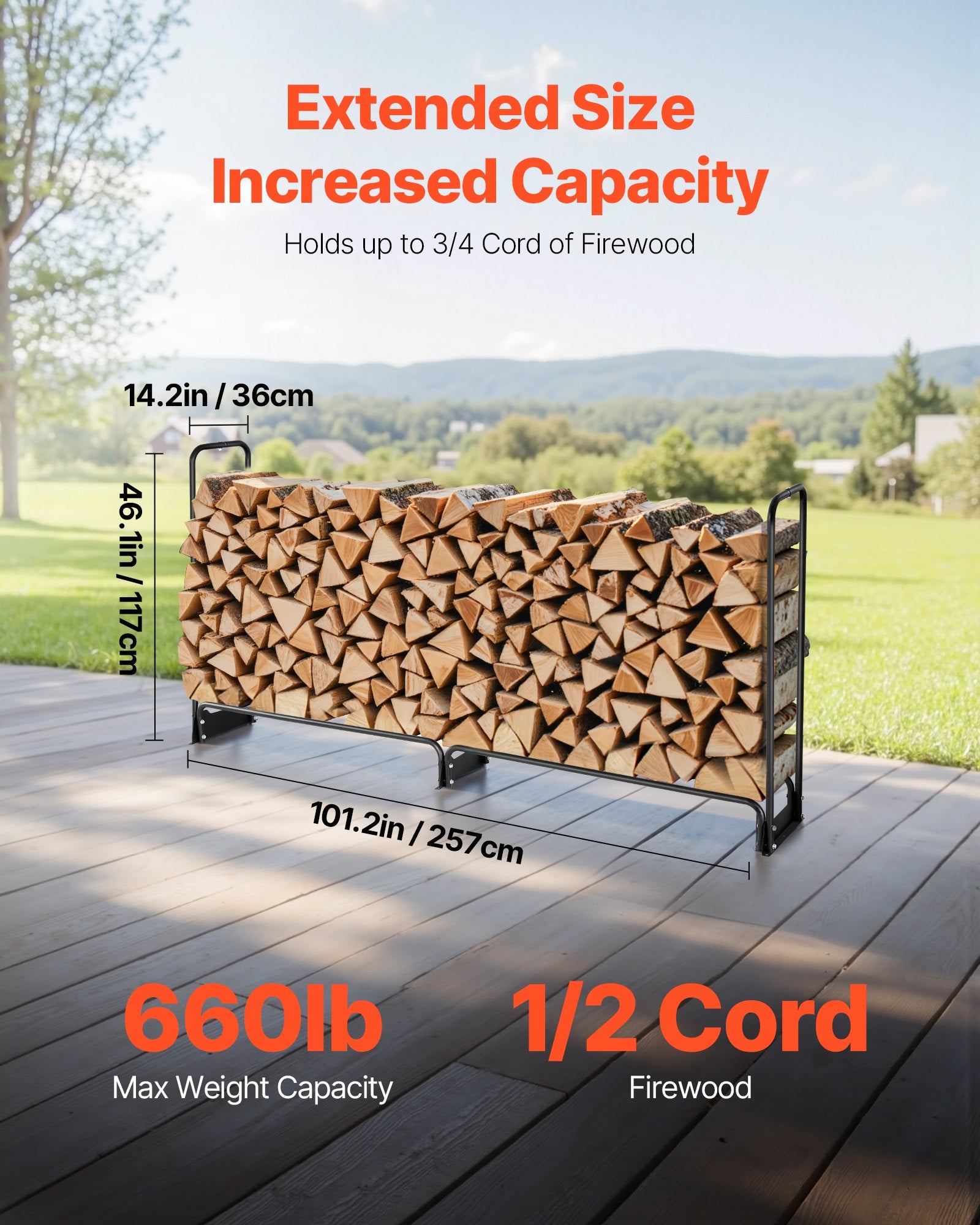 Firewood Rack with Cover 257x36x117cm Outdoor 660lb Half-Covered Powder-Coated