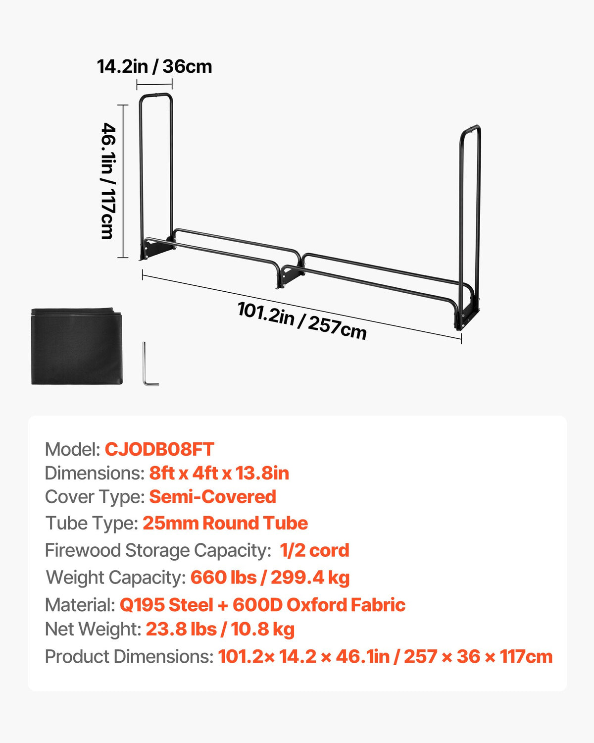 Firewood Rack with Cover 257x36x117cm Outdoor 660lb Half-Covered Powder-Coated