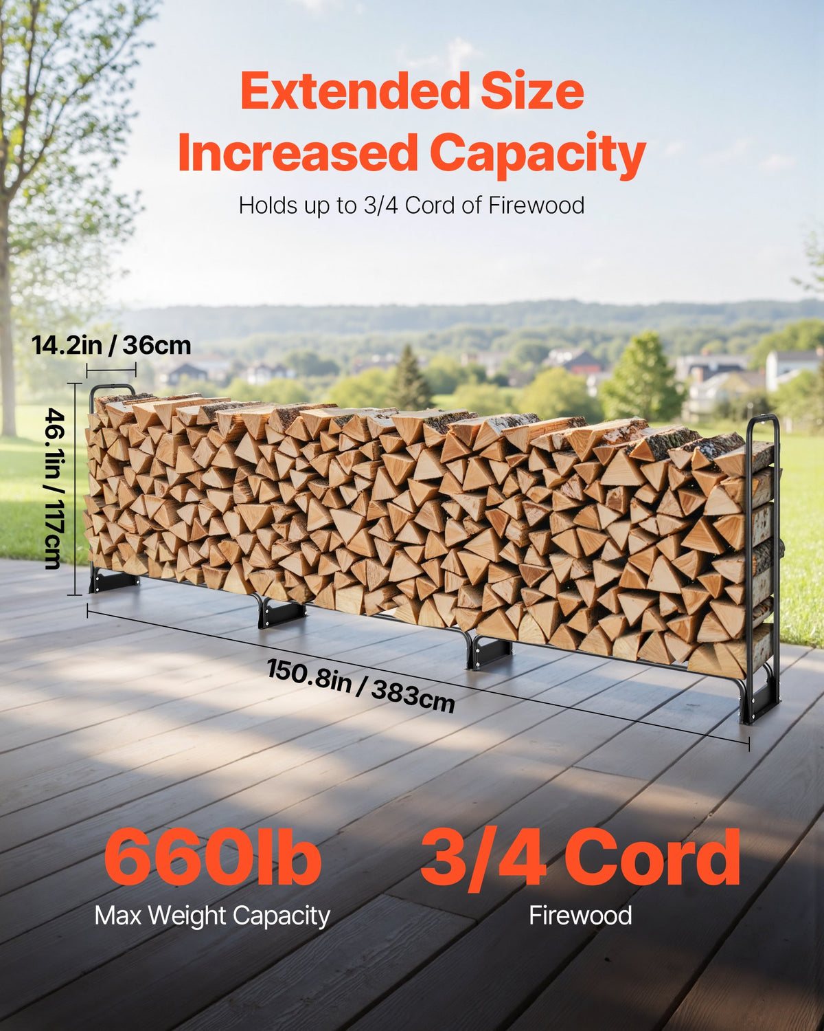 Firewood Rack with Cover 383x36x117cm Outdoor 660lb Half-Covered Powder-Coated