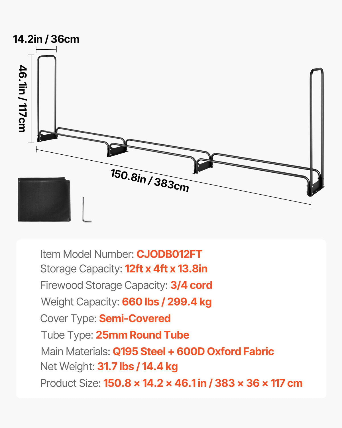 Firewood Rack with Cover 383x36x117cm Outdoor 660lb Half-Covered Powder-Coated