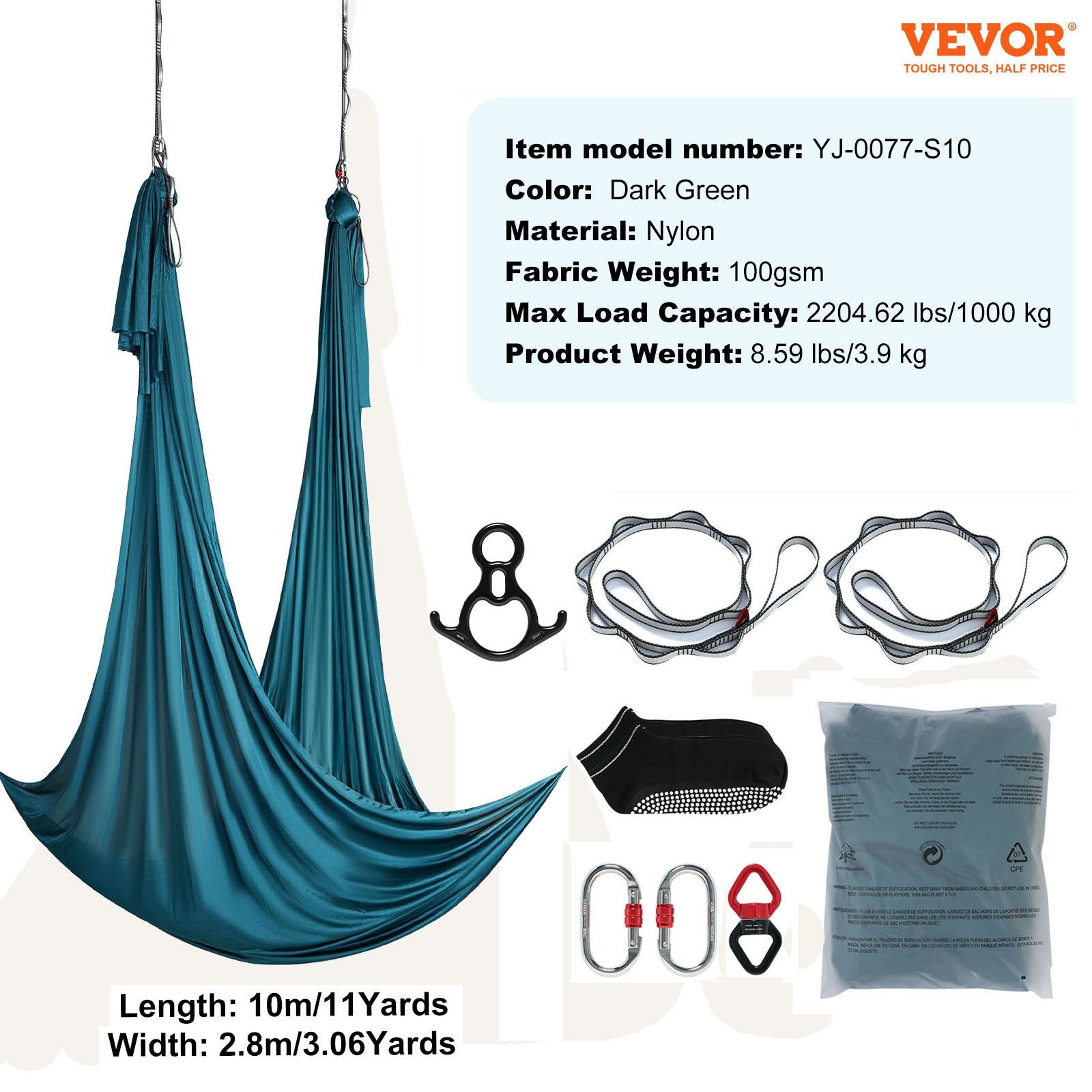 Aerial Silk and Yoga Swing 10m Nylon Hammock Kit with Rigging Green