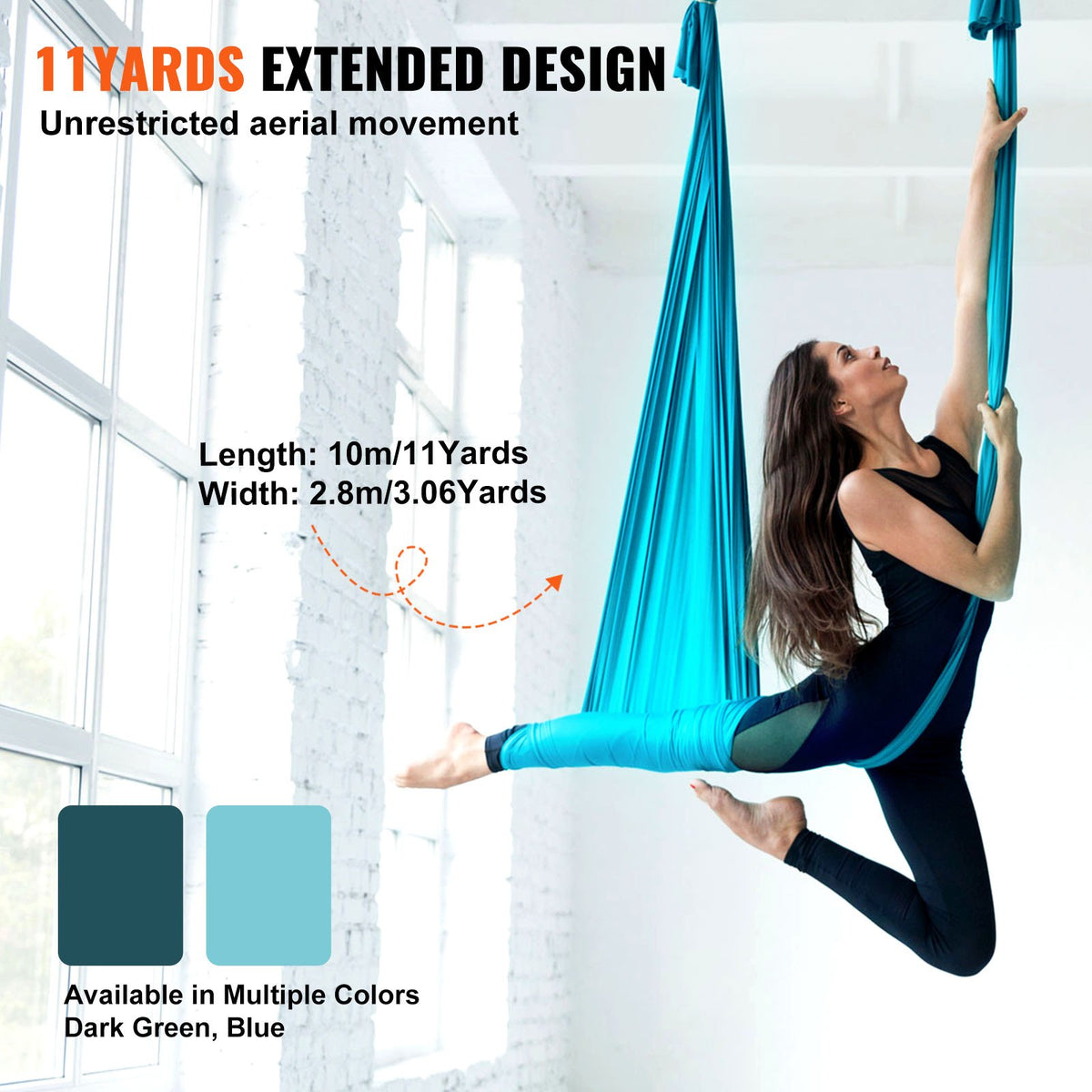 Aerial Silk and Yoga Swing 10m Nylon Hammock Kit with Rigging Blue