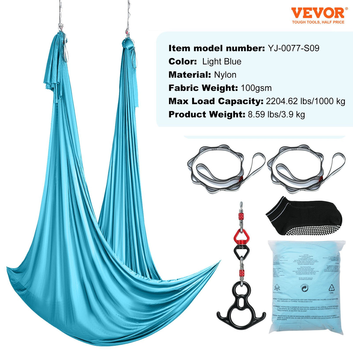 Aerial Silk and Yoga Swing 10m Nylon Hammock Kit with Rigging Blue