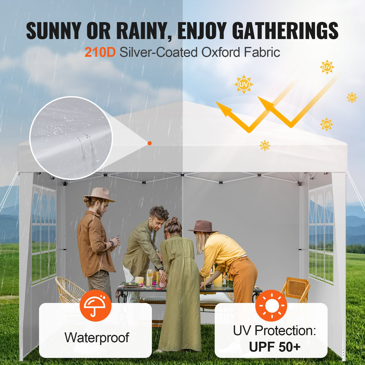 Pop Up Canopy 2.95x2.95m Instant Portable Gazebo with 3 Sidewalls & 2 Windows