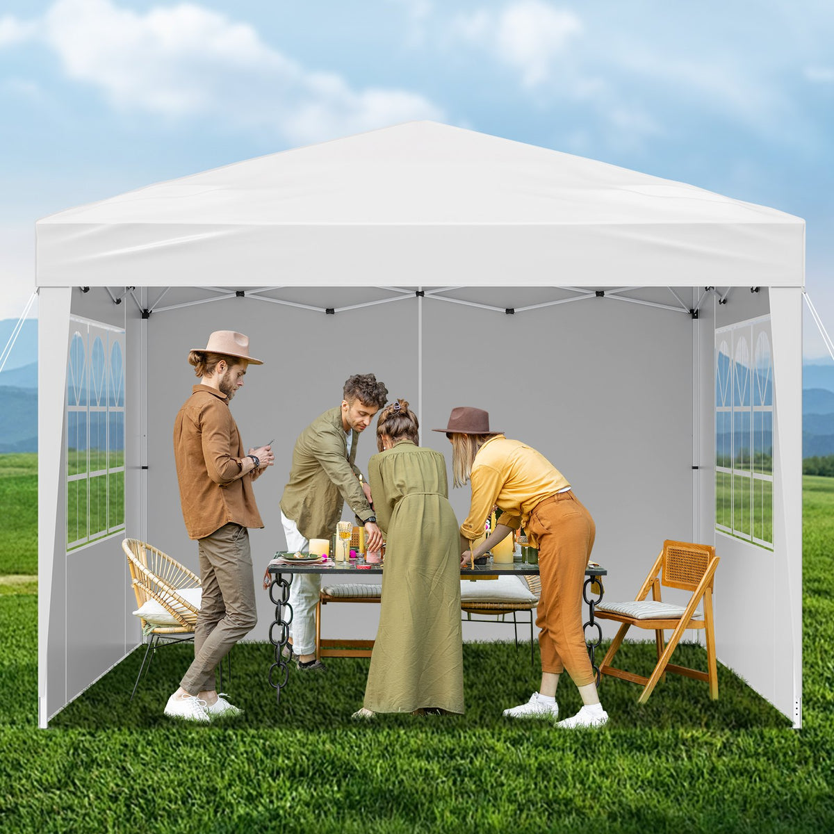 Pop Up Canopy 2.95x2.95m Instant Portable Gazebo with 3 Sidewalls & 2 Windows
