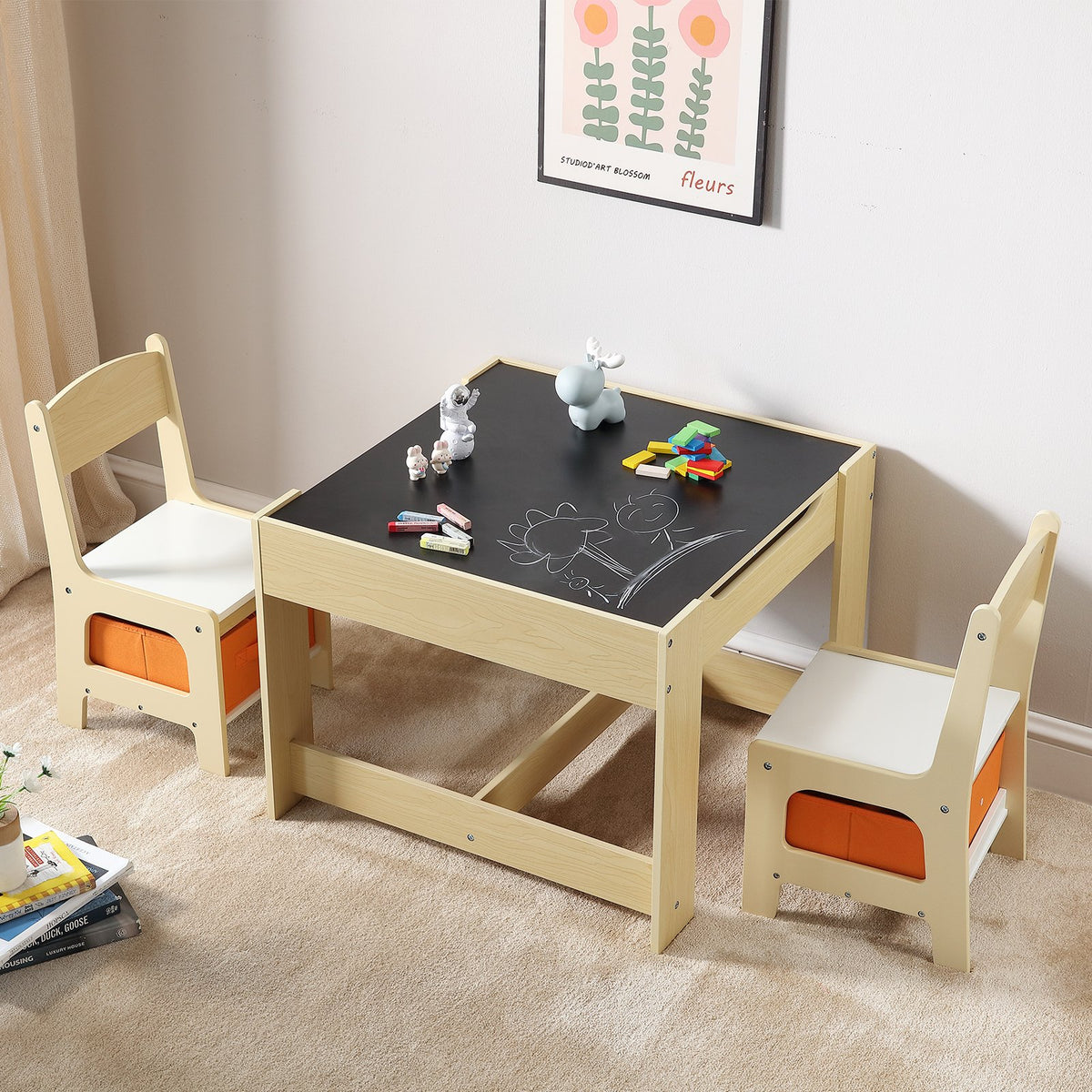 Kids Table and Chair Set Wooden Activity Table Storage Toddlers Art Craft
