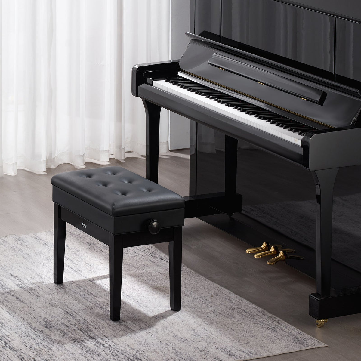 Wooden 19.3"-22.8" Adjustable Piano Bench with Storage and Padded Seat