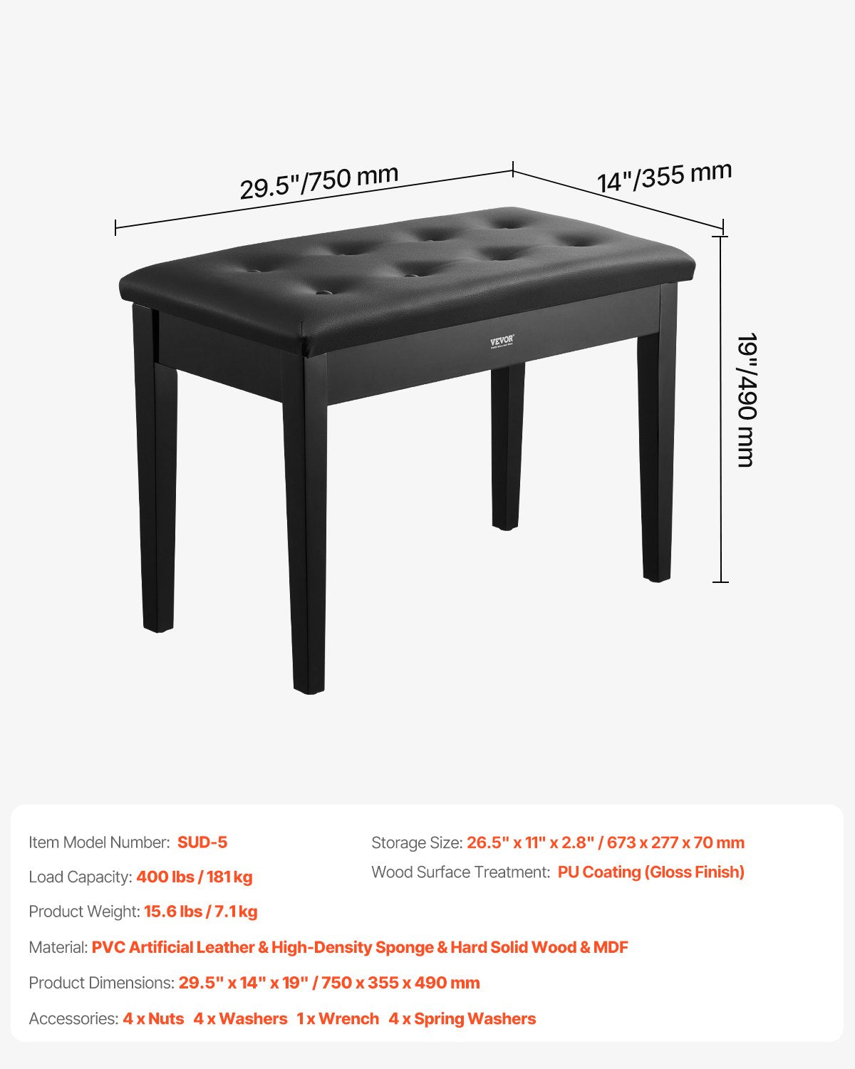 Wooden 29.5" Duet Piano Bench with Storage and Padded Seat