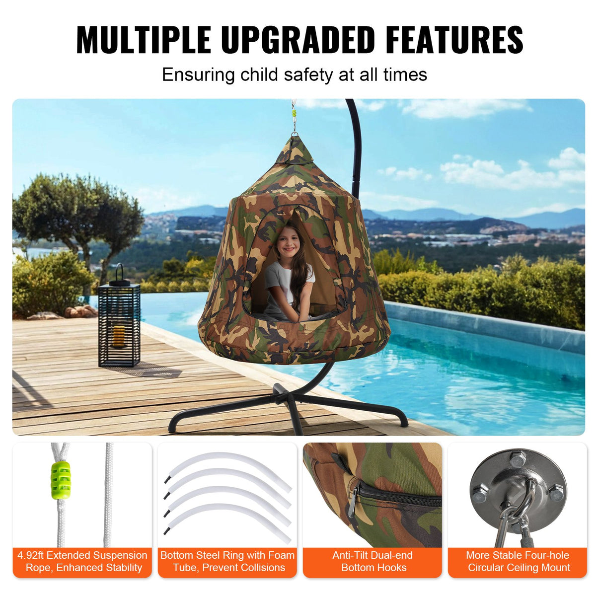 Tree Tent Hanging 330lb Swing with LED Lights Inflatable Base Ceiling Pod