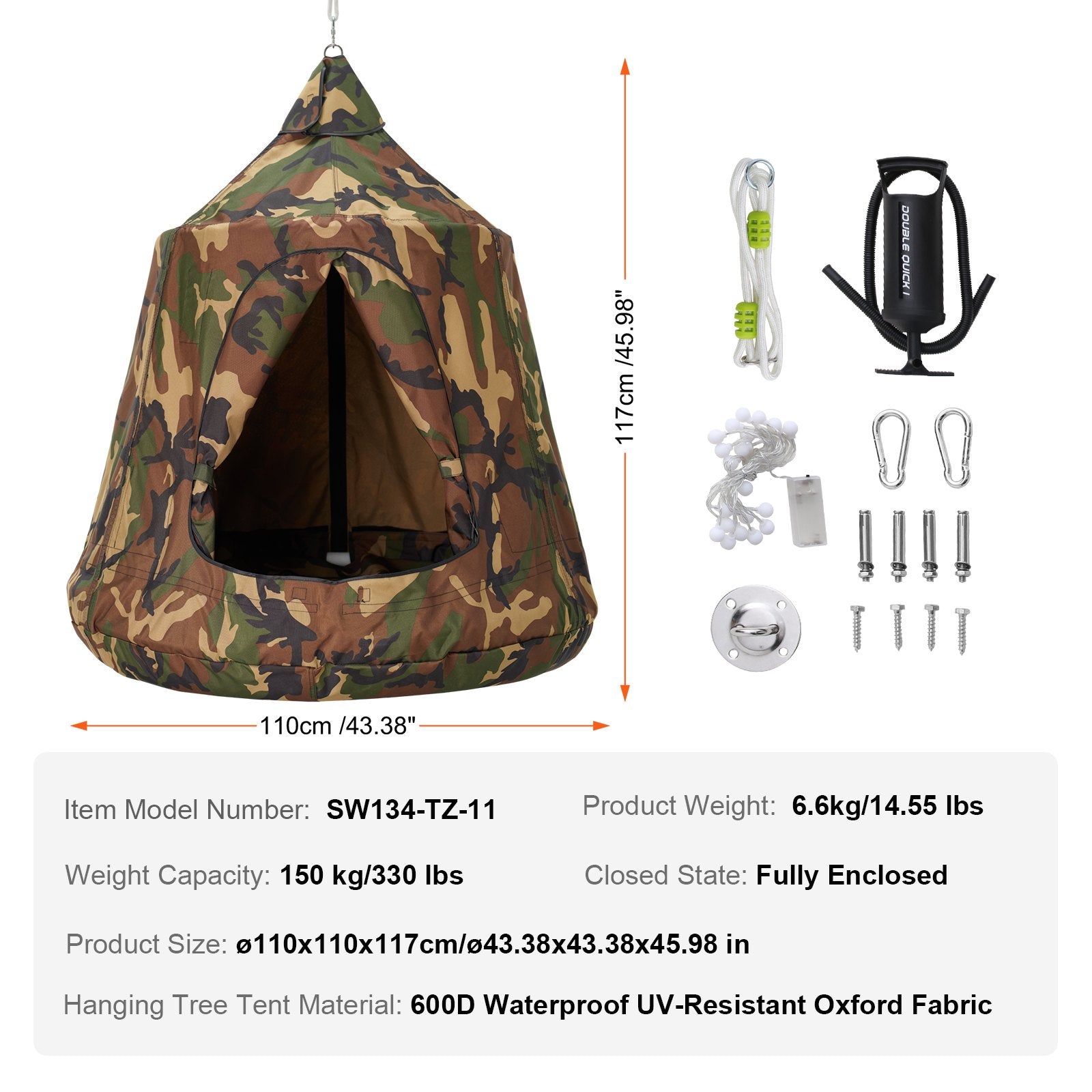 Tree Tent Hanging 330lb Swing with LED Lights Inflatable Base Ceiling Pod