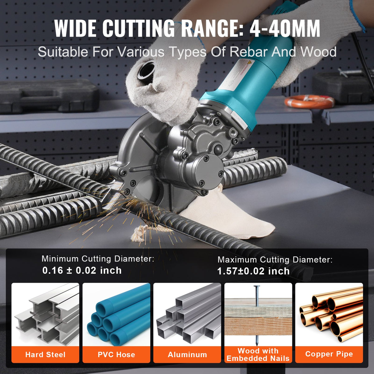 Electric Rebar Cutter 1100W Cuts 4-40mm 3/2 inch SteelConcrete RD-10 with Handle