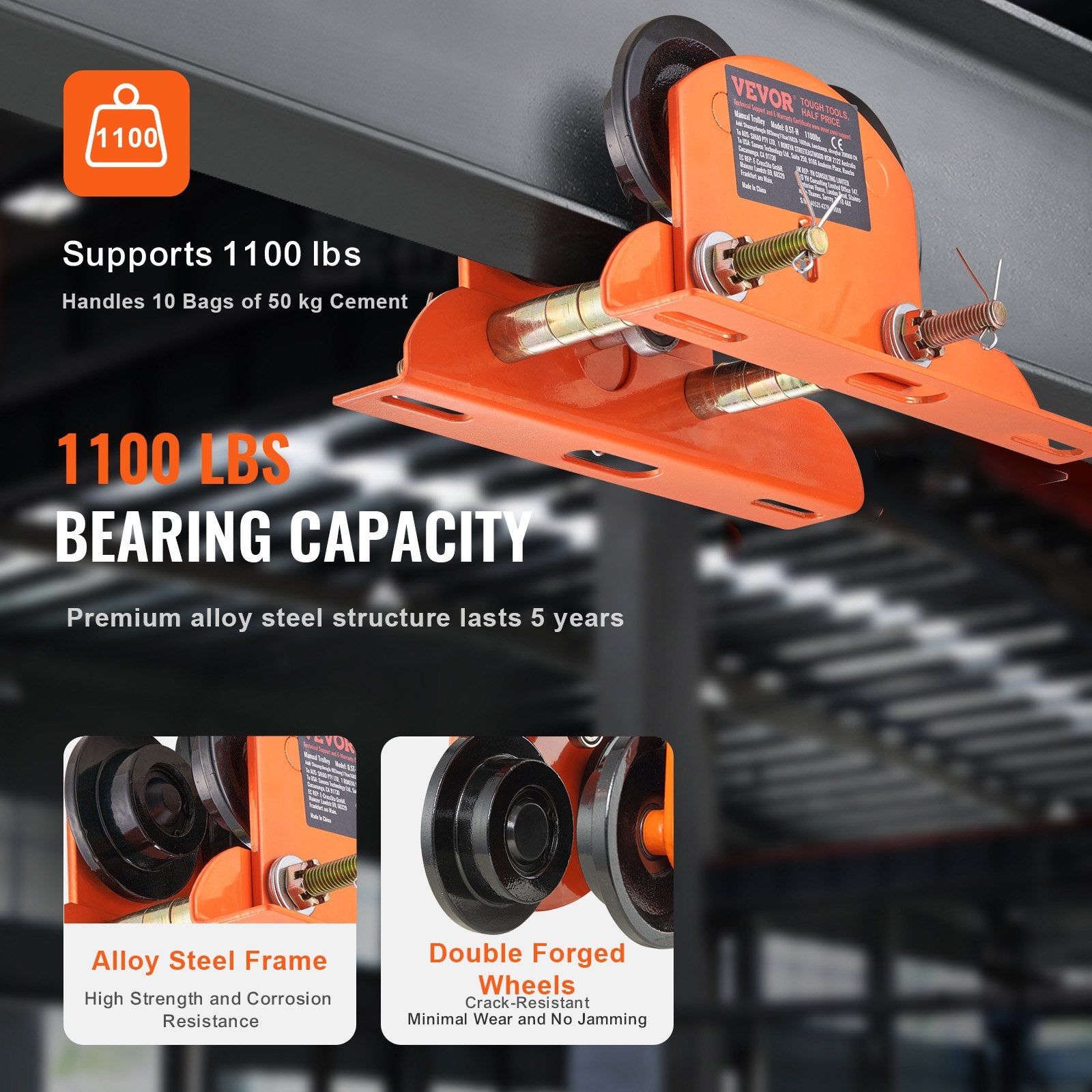 Electric Hoist Manual Trolley 0.5 Ton Push Beam Dual Wheels Adjustable