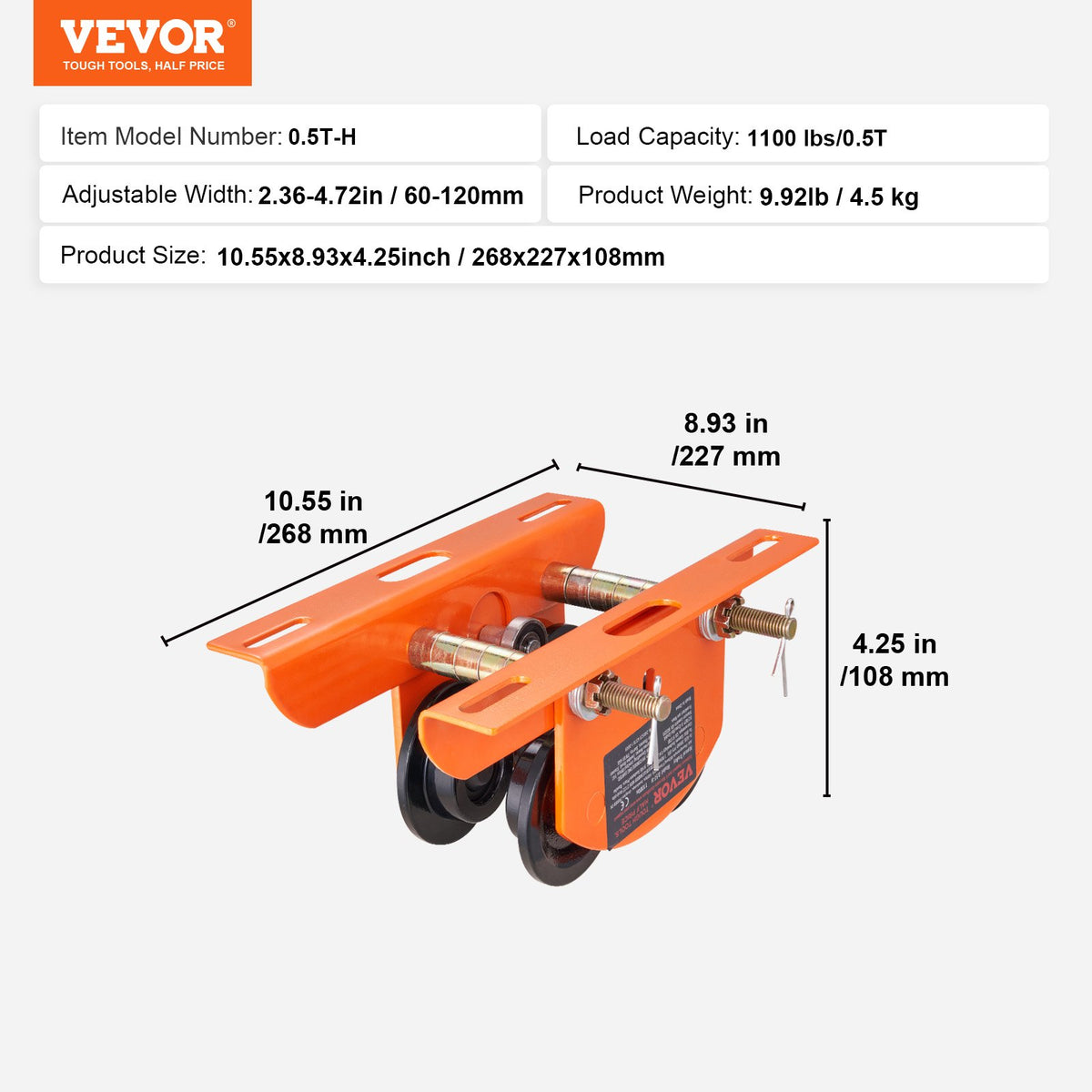 Electric Hoist Manual Trolley 0.5 Ton Push Beam Dual Wheels Adjustable