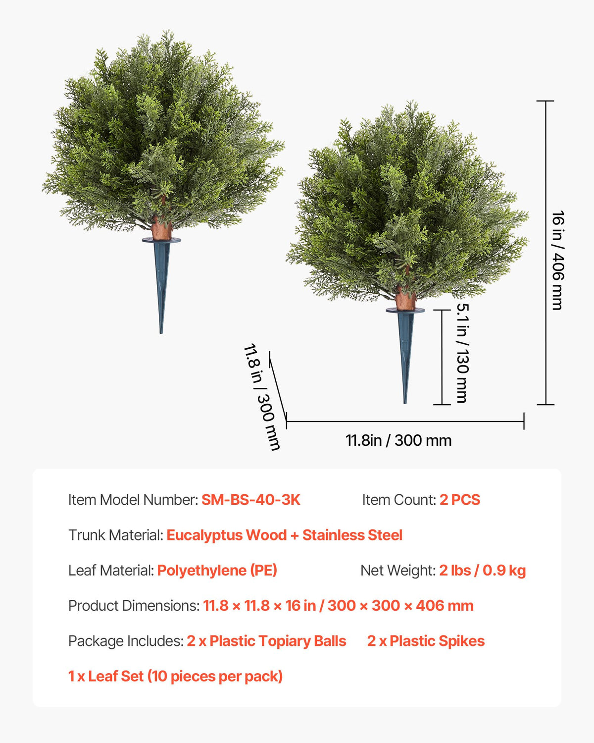 Artificial Topiary Cypress Trees 2-Pack 406mm Faux Shrubs with Ground Spike