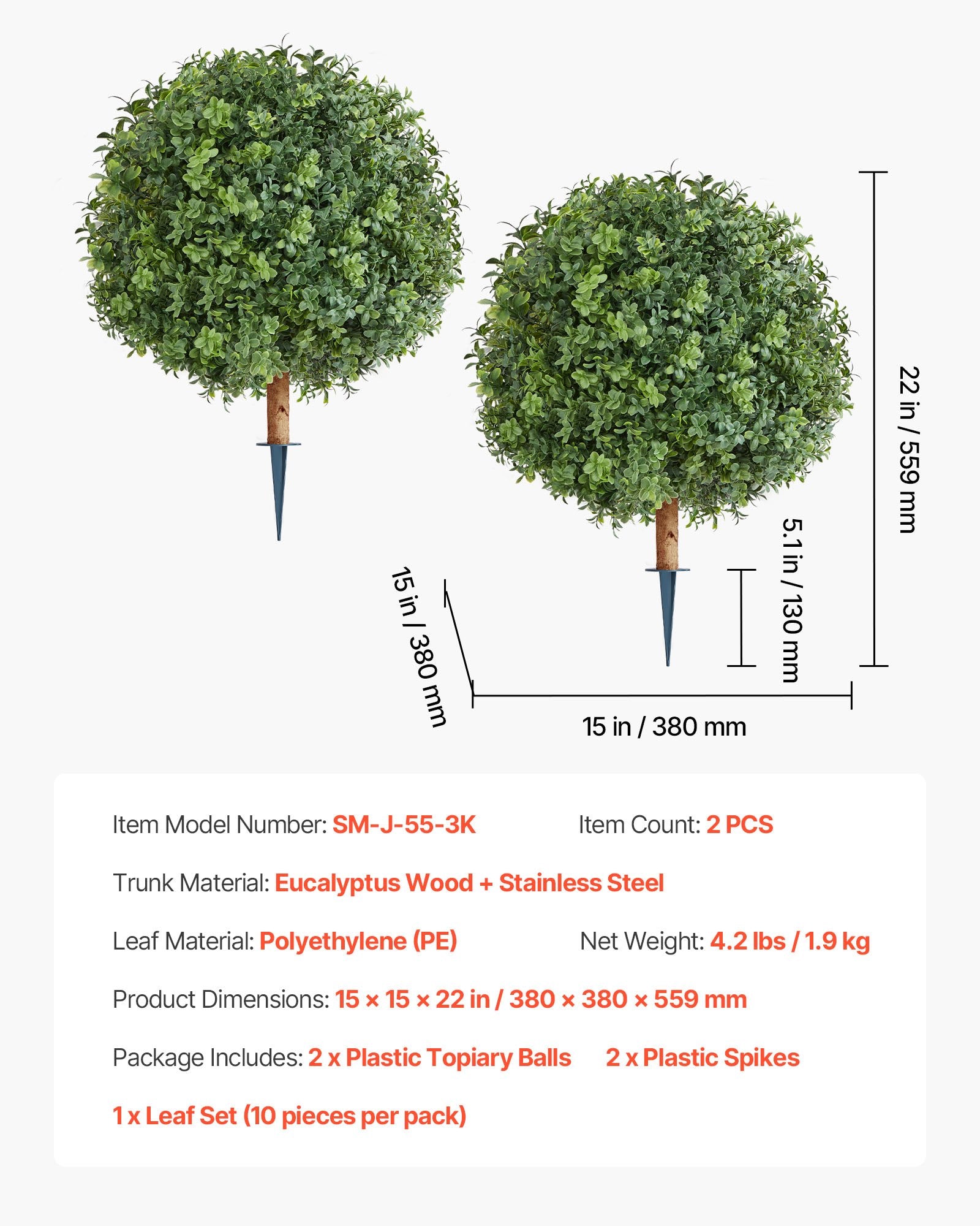 Artificial Topiary Boxwood Trees 2-Pack 559mm Faux Shrubs with Ground Spike