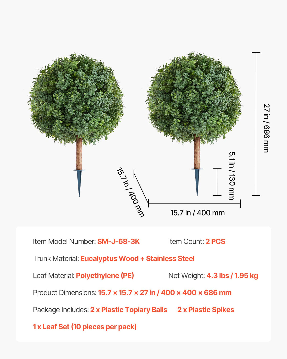 Artificial Topiary Boxwood Trees 2-Pack 686mm Faux Shrubs with Ground Spike