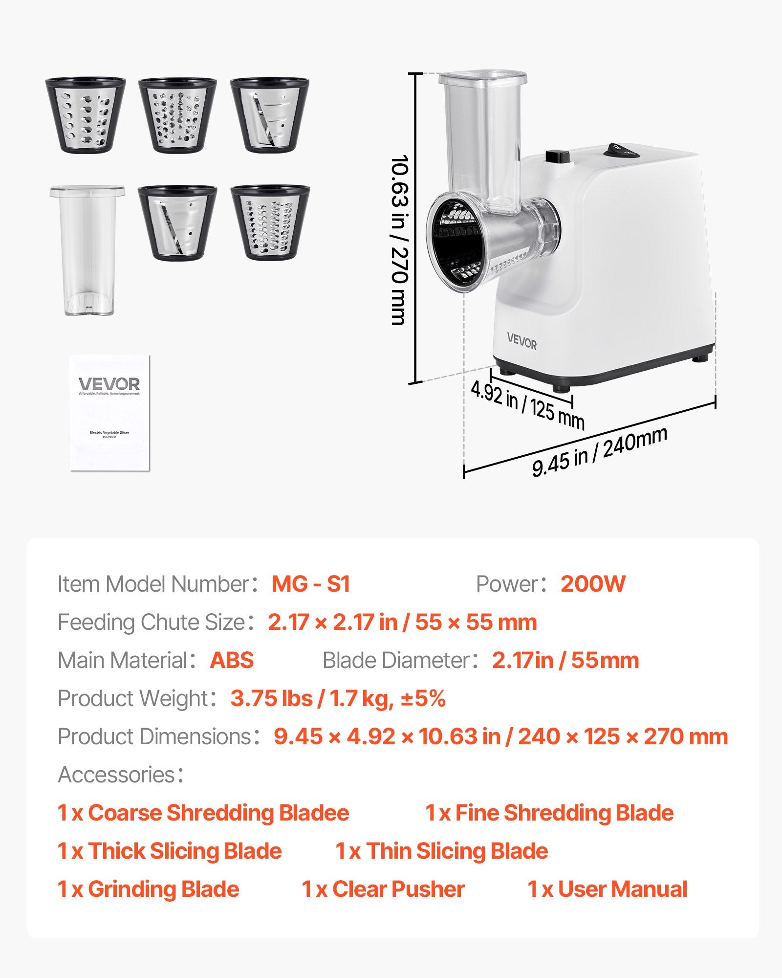 Electric Cheese Grater Salad Maker 200W Vegetable Slicer 5 Attachments
