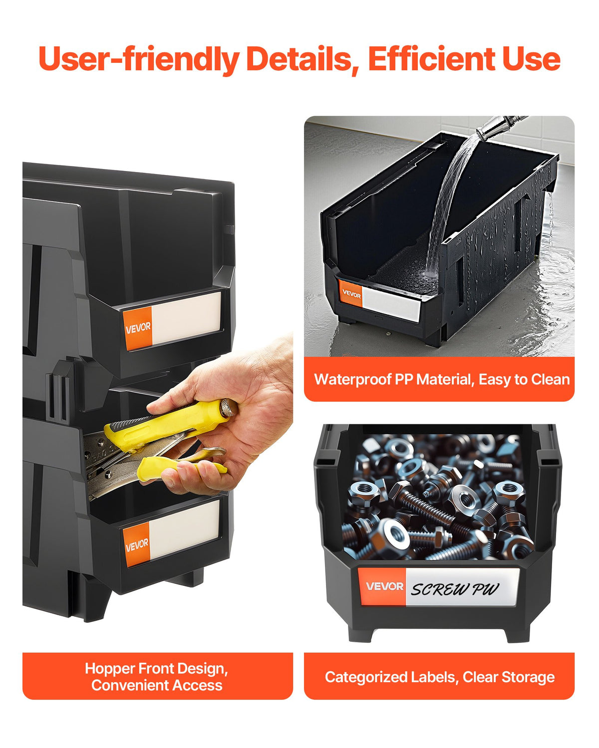 Plastic Stackable Storage Bins 6 Pack Black 37.7x21.5x18cm Containers