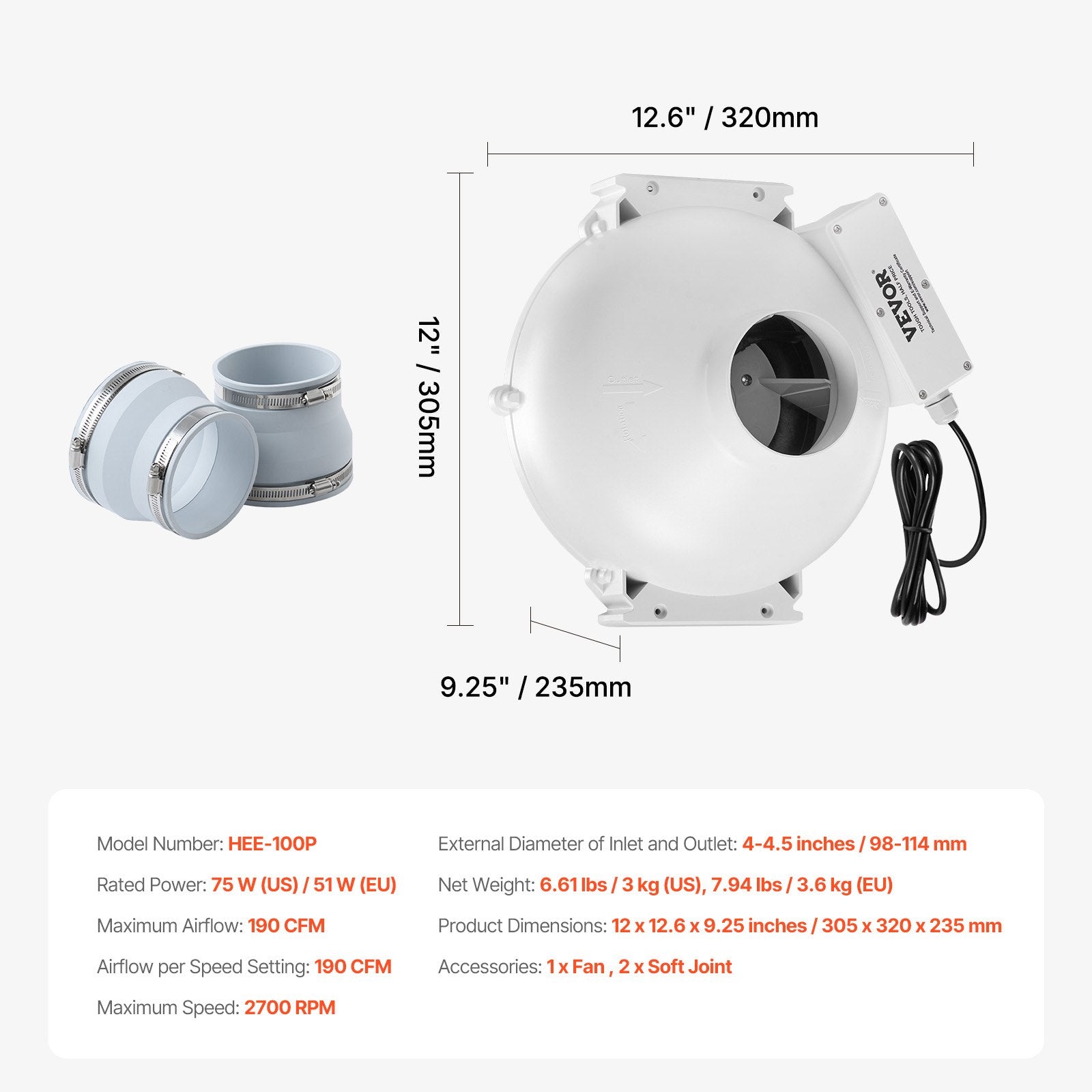 Radon Mitigation Fan System 4-4.5 Inch Quiet 190 CFM Indoor Outdoor Vent