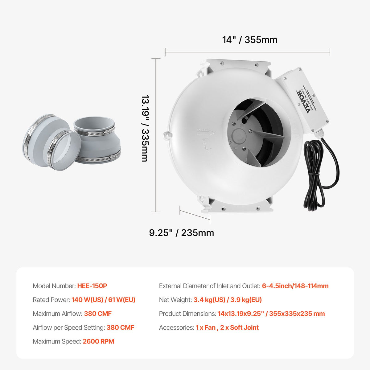Radon Mitigation Fan System 4-4.5 Inch Quiet 380 CFM Indoor Outdoor Vent