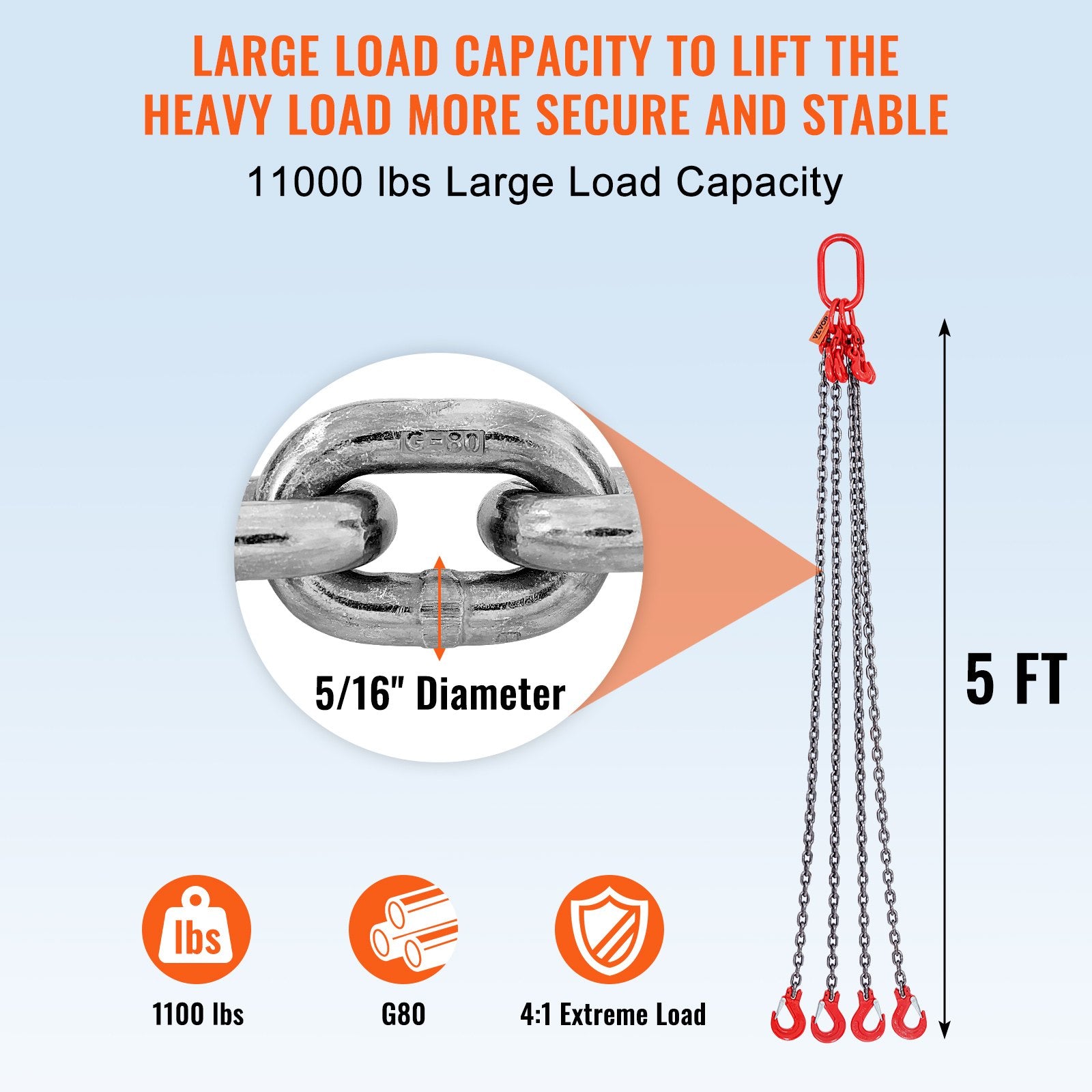 Chain Sling 8mm x 150cm G80 4 Leg Engine Lift Chain 5 Ton