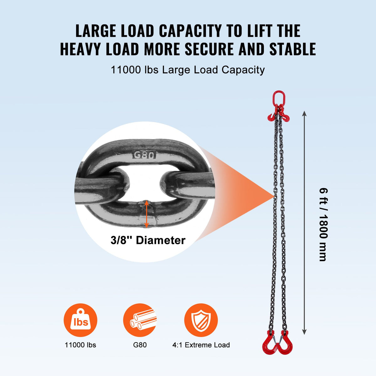 Chain Sling 10mm x 180cm G80 Engine Hoist 5 Ton Lifting with Grab Hooks