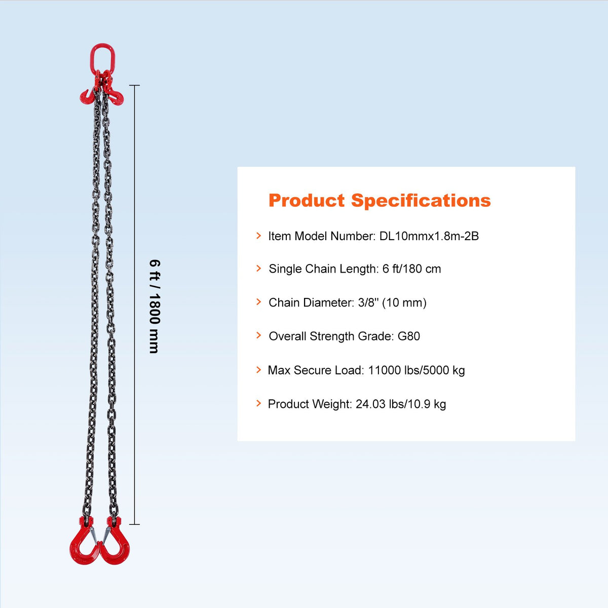 Chain Sling 10mm x 180cm G80 Engine Hoist 5 Ton Lifting with Grab Hooks