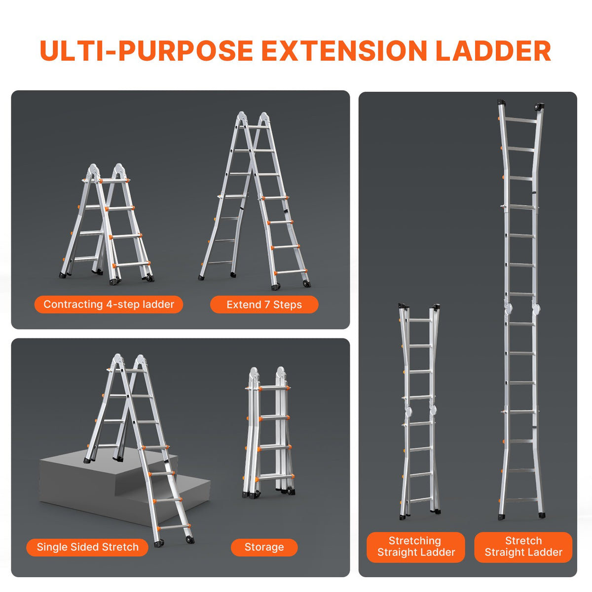 Telescoping Ladder A-Frame 13FT Compact Aluminum Multi-Function Portable 330LB