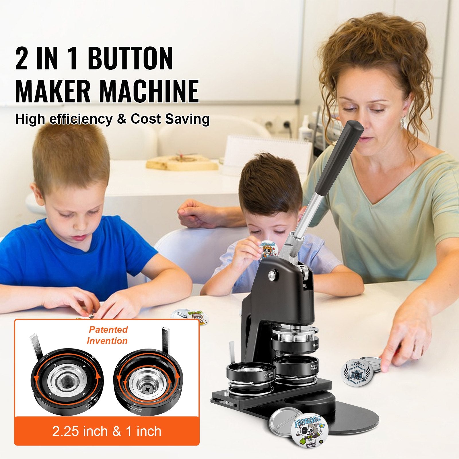 Button Maker Machine Multiple Sizes 1 & 2.25" Badge Punch Press Kit 500 Parts