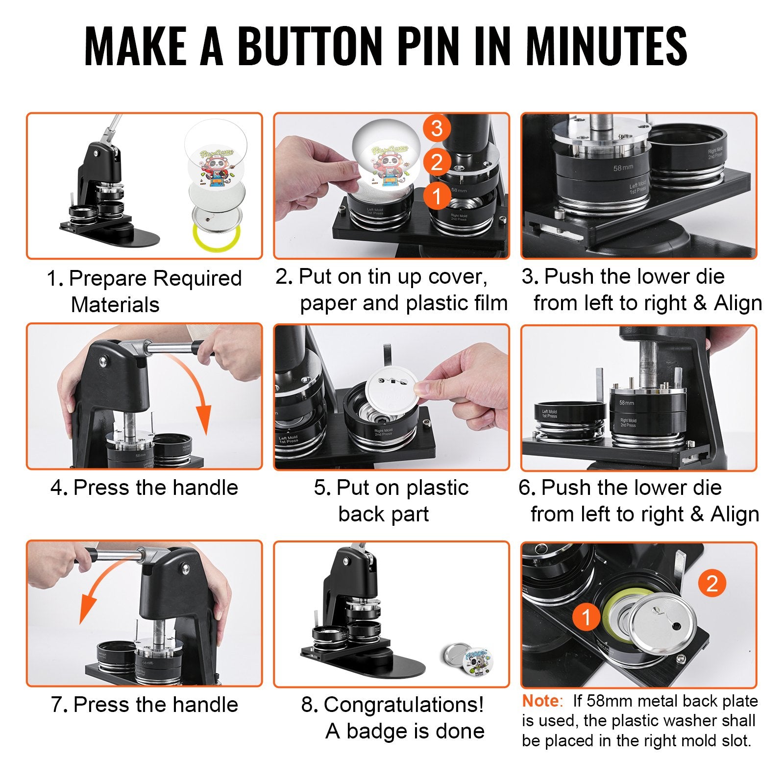 Button Maker Machine Multiple Sizes 1 & 2.25" Badge Punch Press Kit 500 Parts