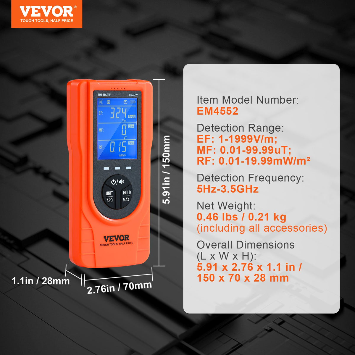 3-in-1 EMF Meter Handheld Rechargeable 5Hz-3.5GHz Electromagnetic Field Detector