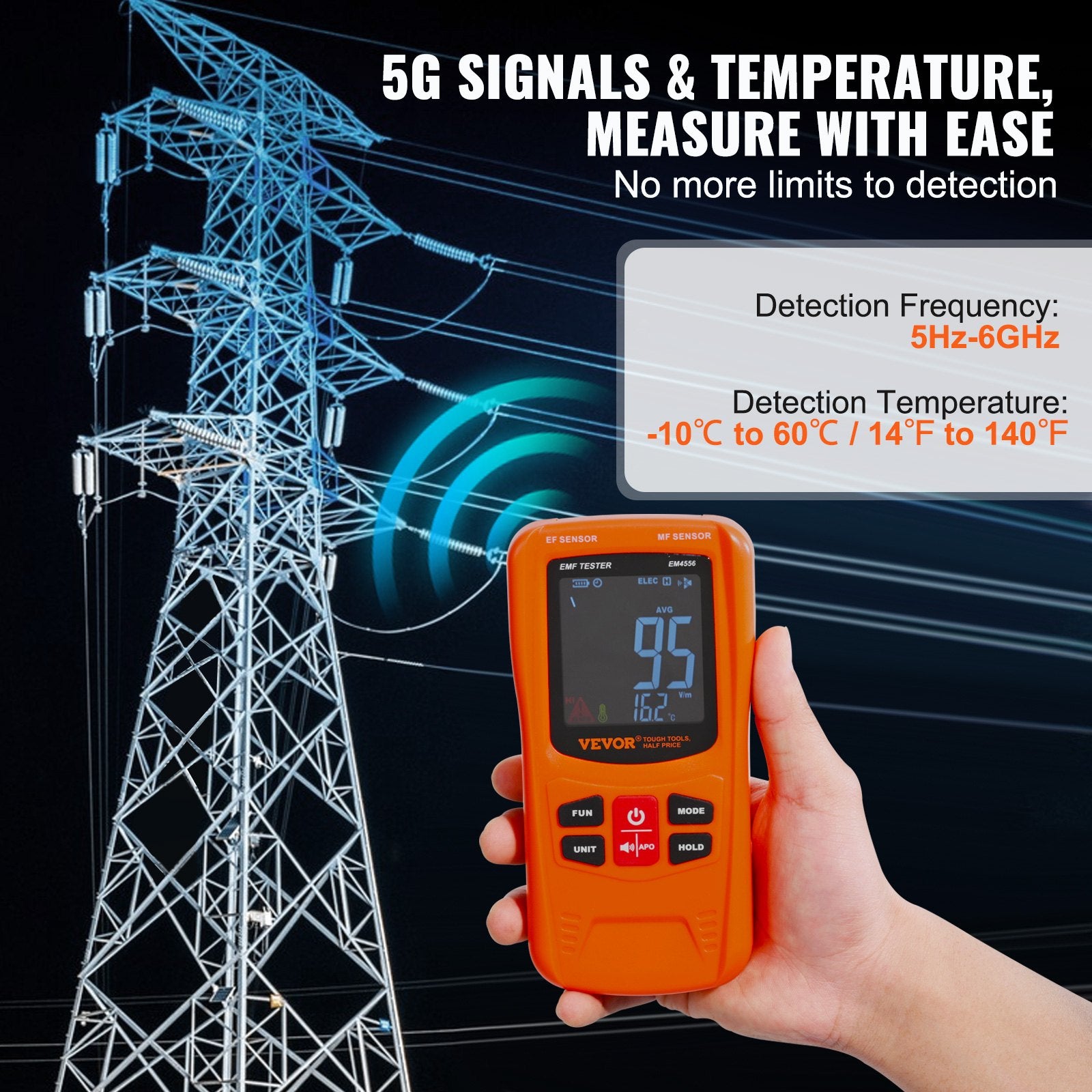3-in-1 EMF Meter Handheld Rechargeable 5Hz-6GHz Electromagnetic Field Detector