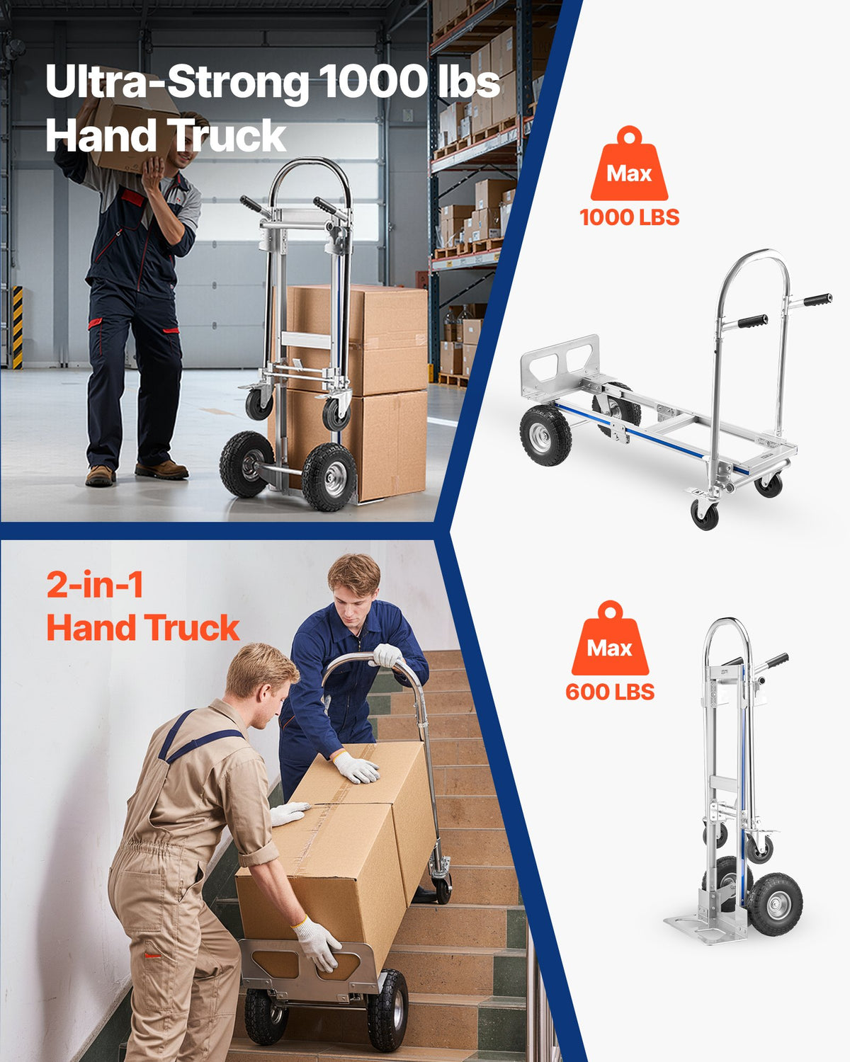 2 in 1 Hand Truck 453.6kg Load Convertible 4-Wheel Dolly with Non-Slip Handle