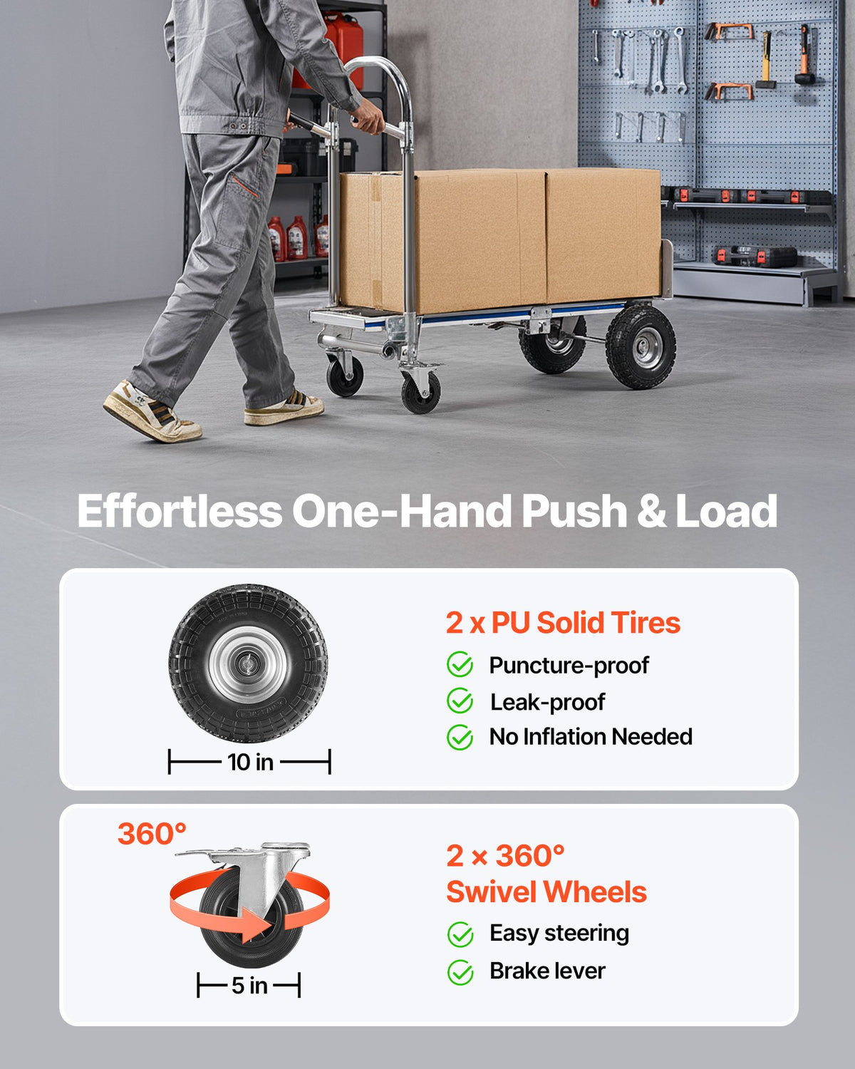 2 in 1 Hand Truck 453.6kg Load Convertible 4-Wheel Dolly with Non-Slip Handle
