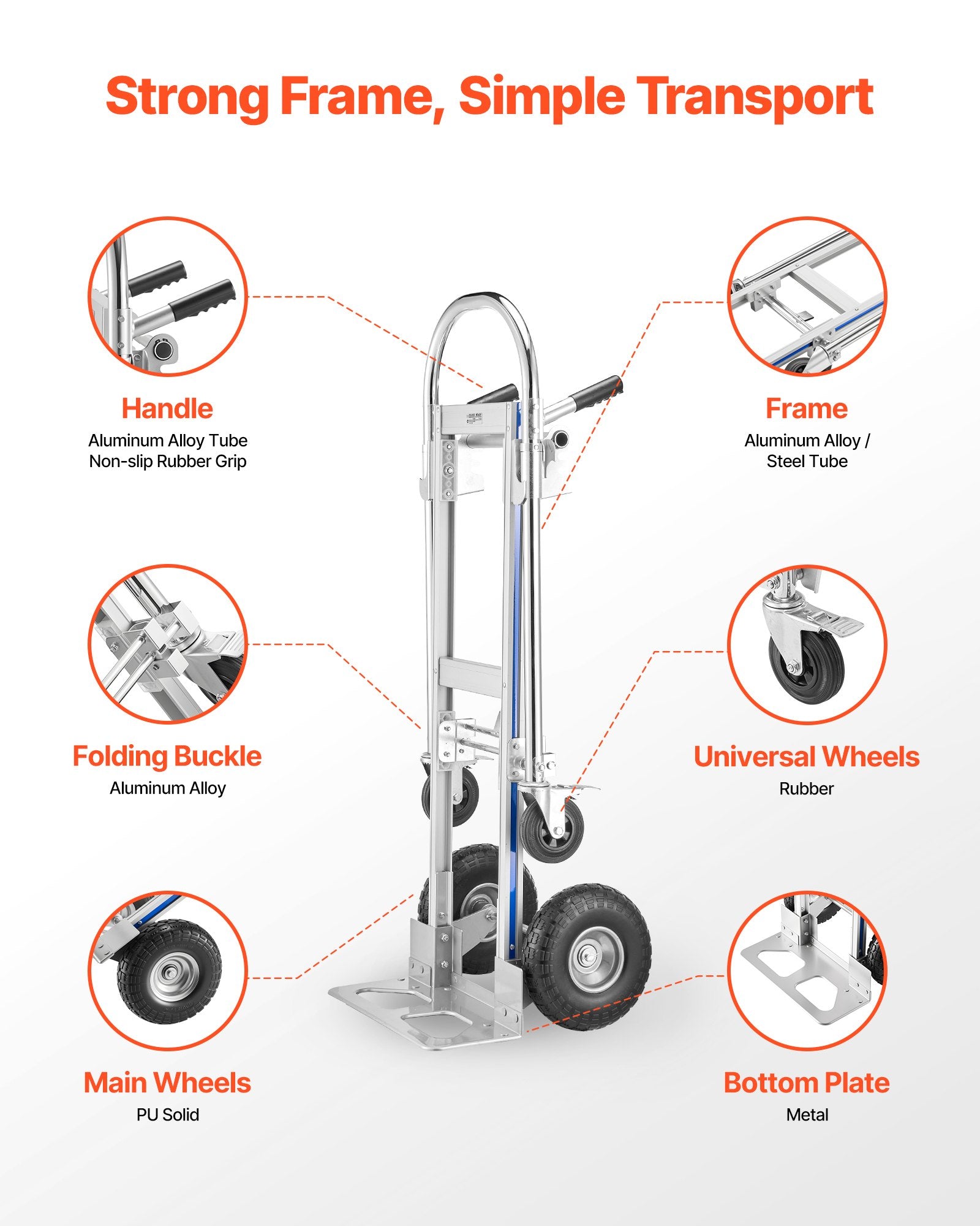 2 in 1 Hand Truck 453.6kg Load Convertible 4-Wheel Dolly with Non-Slip Handle