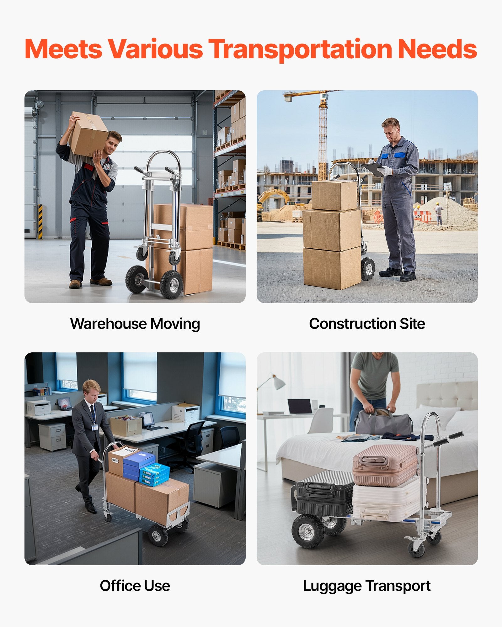 2 in 1 Hand Truck 453.6kg Load Convertible 4-Wheel Dolly with Non-Slip Handle