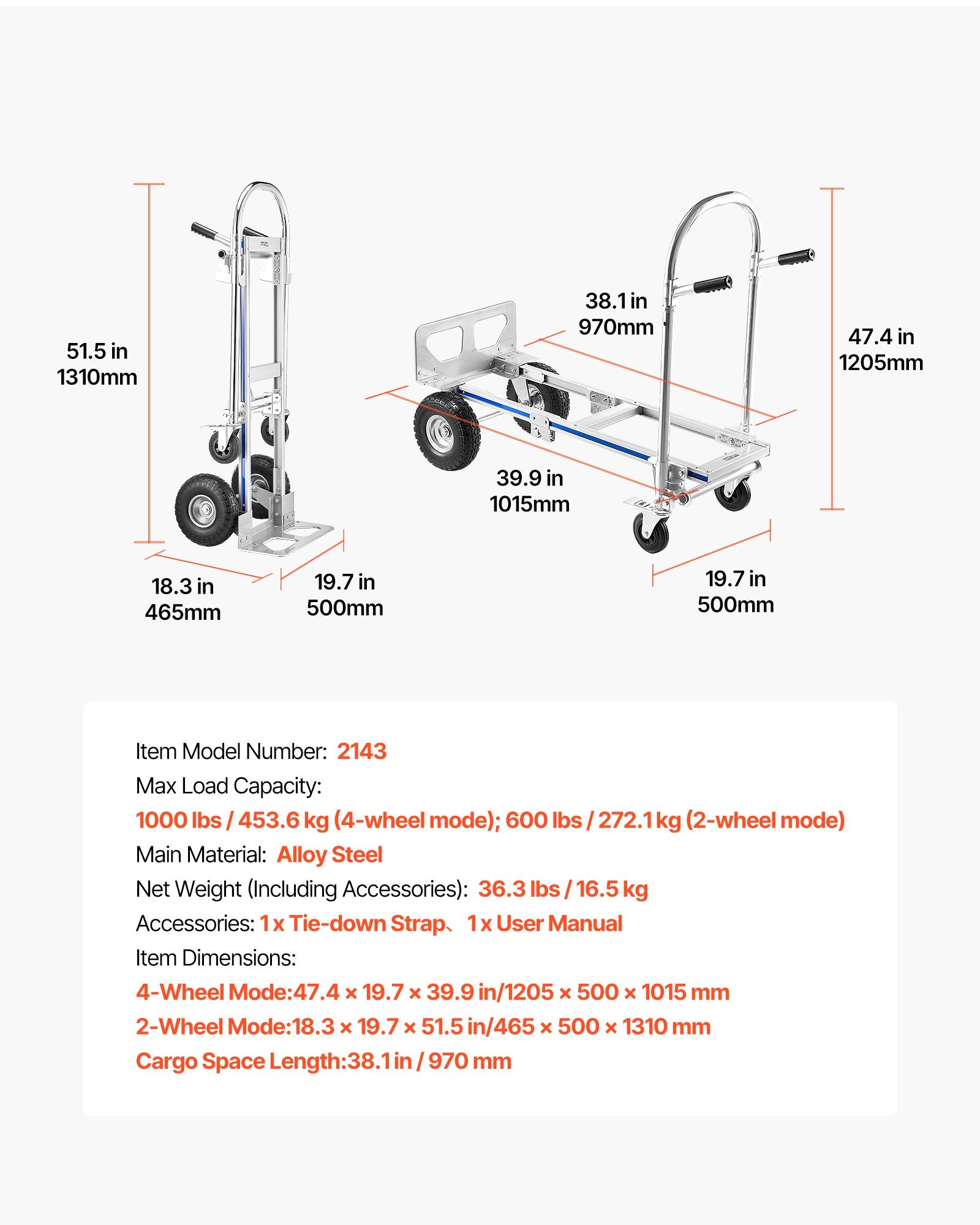 2 in 1 Hand Truck 453.6kg Load Convertible 4-Wheel Dolly with Non-Slip Handle