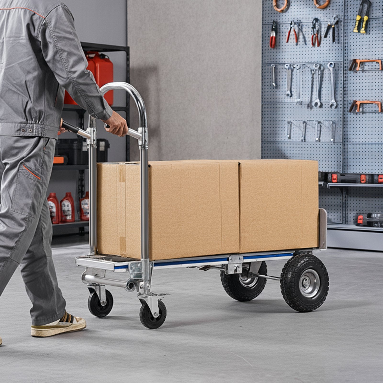 2 in 1 Hand Truck 453.6kg Load Convertible 4-Wheel Dolly with Non-Slip Handle