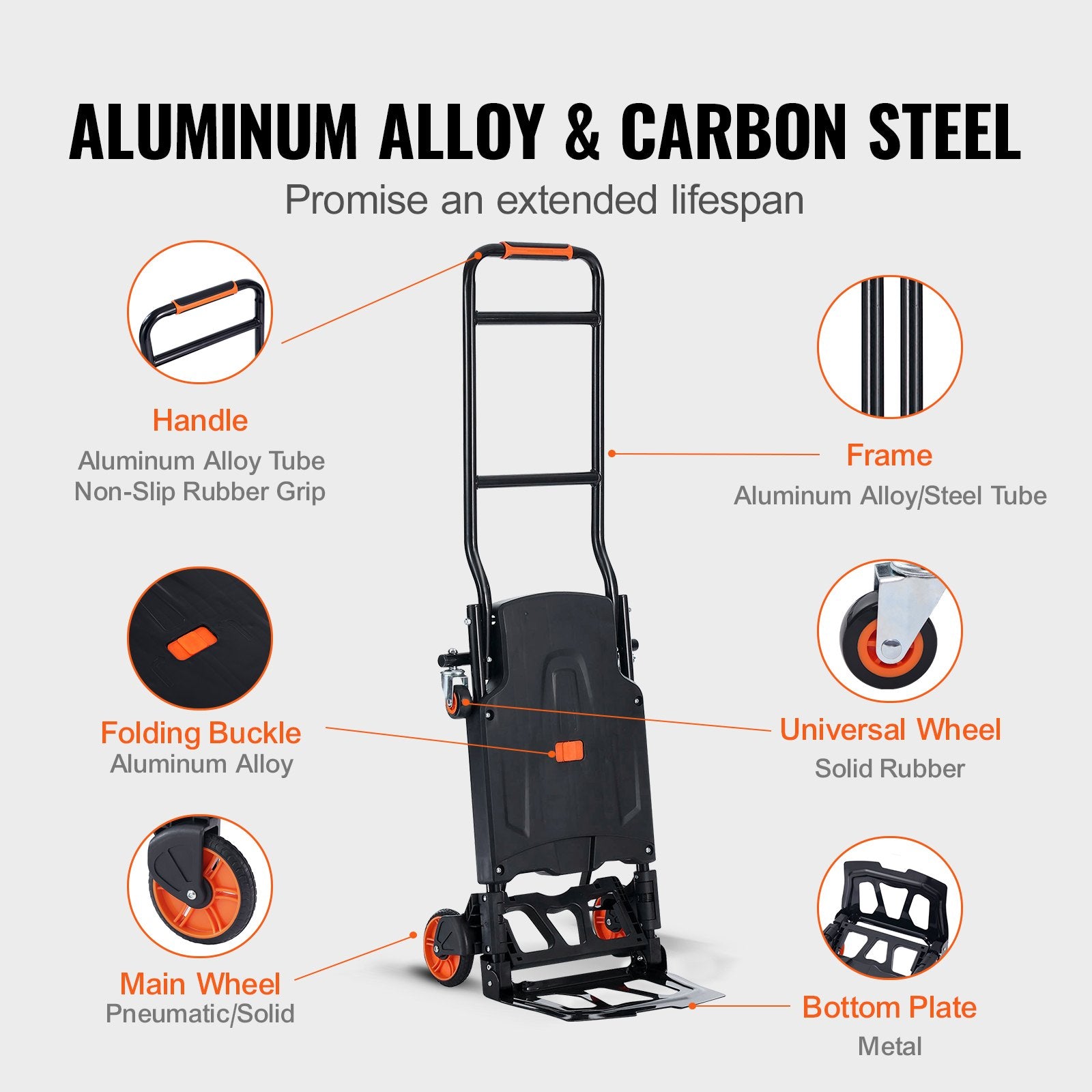 Hand Truck Aluminum 2-in-1 136kg Load Heavy Duty Convertible Dolly with Wheels
