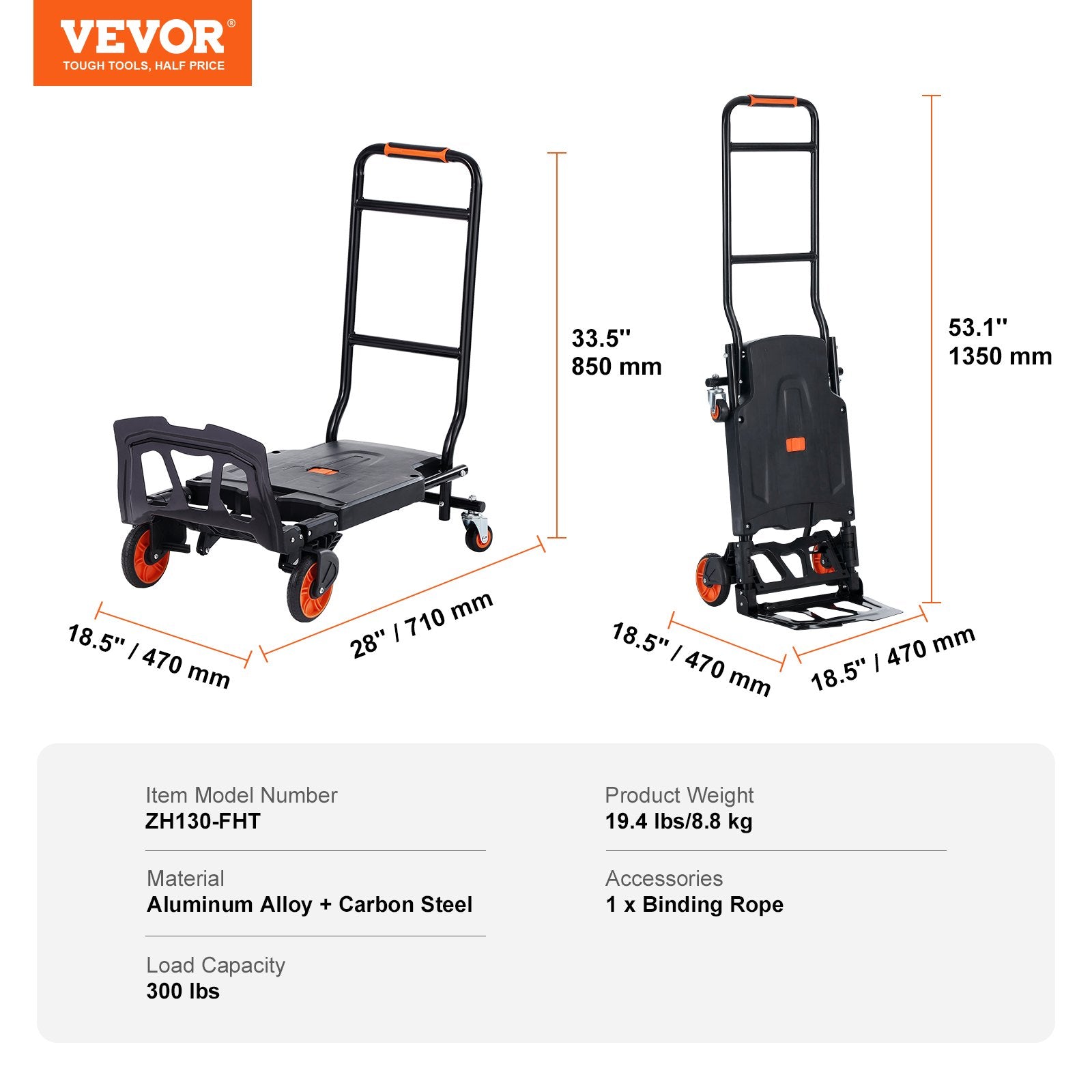 Hand Truck Aluminum 2-in-1 136kg Load Heavy Duty Convertible Dolly with Wheels