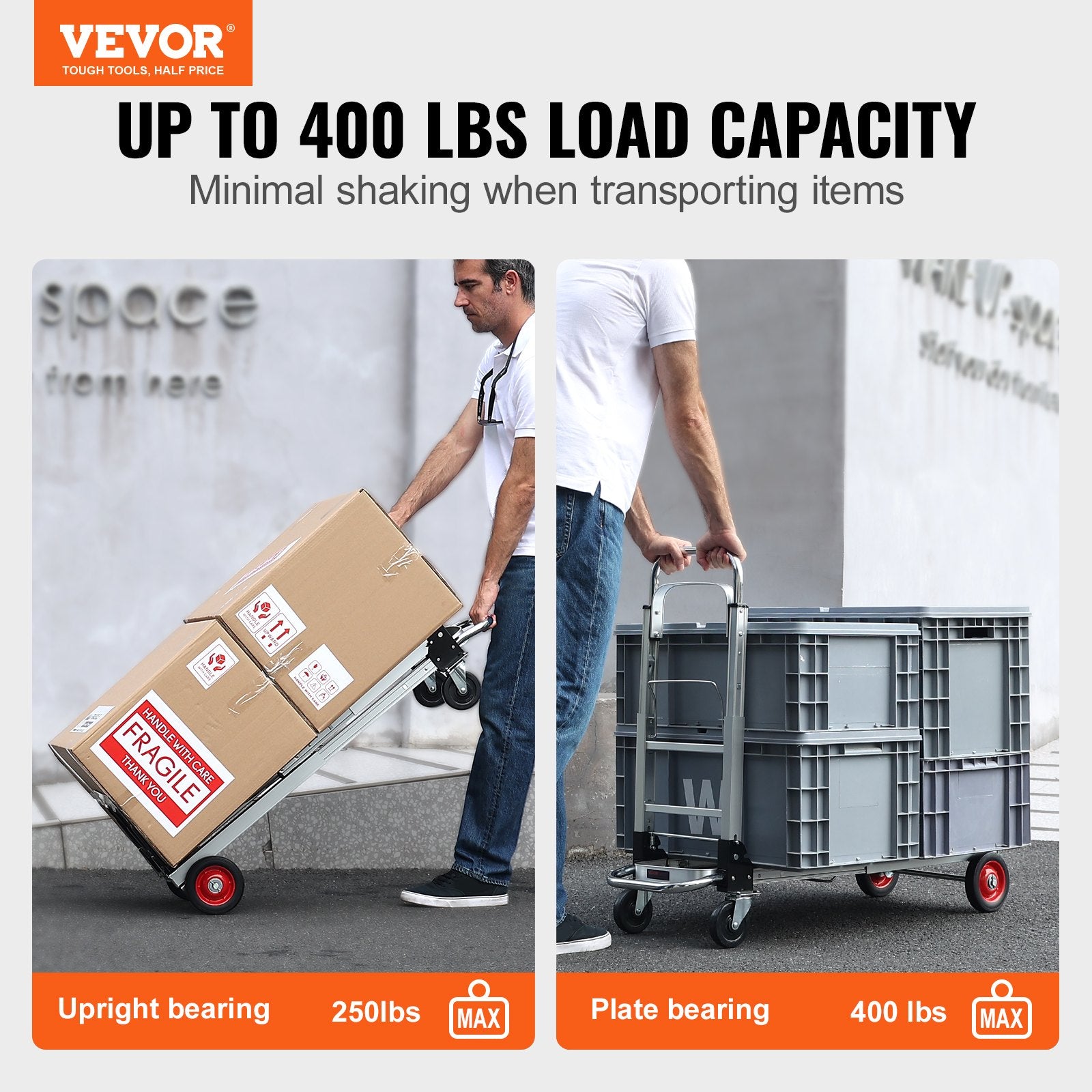 Hand Truck 2-in-1 Aluminum 181KG Convertible Folding Dolly with Rubber Wheels