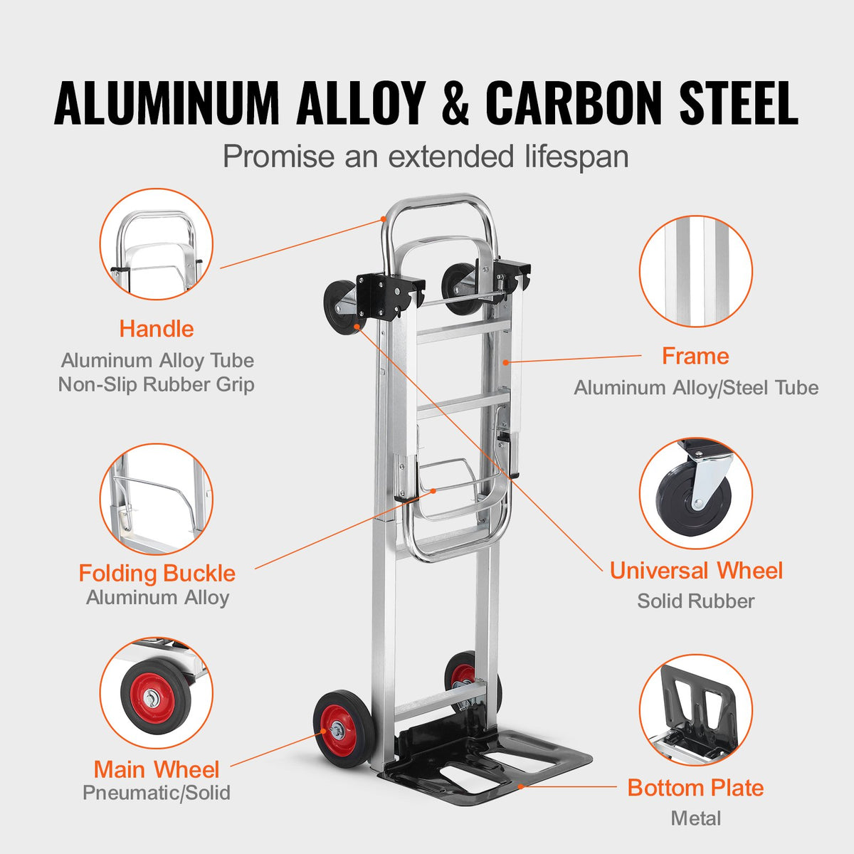 Hand Truck 2-in-1 Aluminum 181KG Convertible Folding Dolly with Rubber Wheels