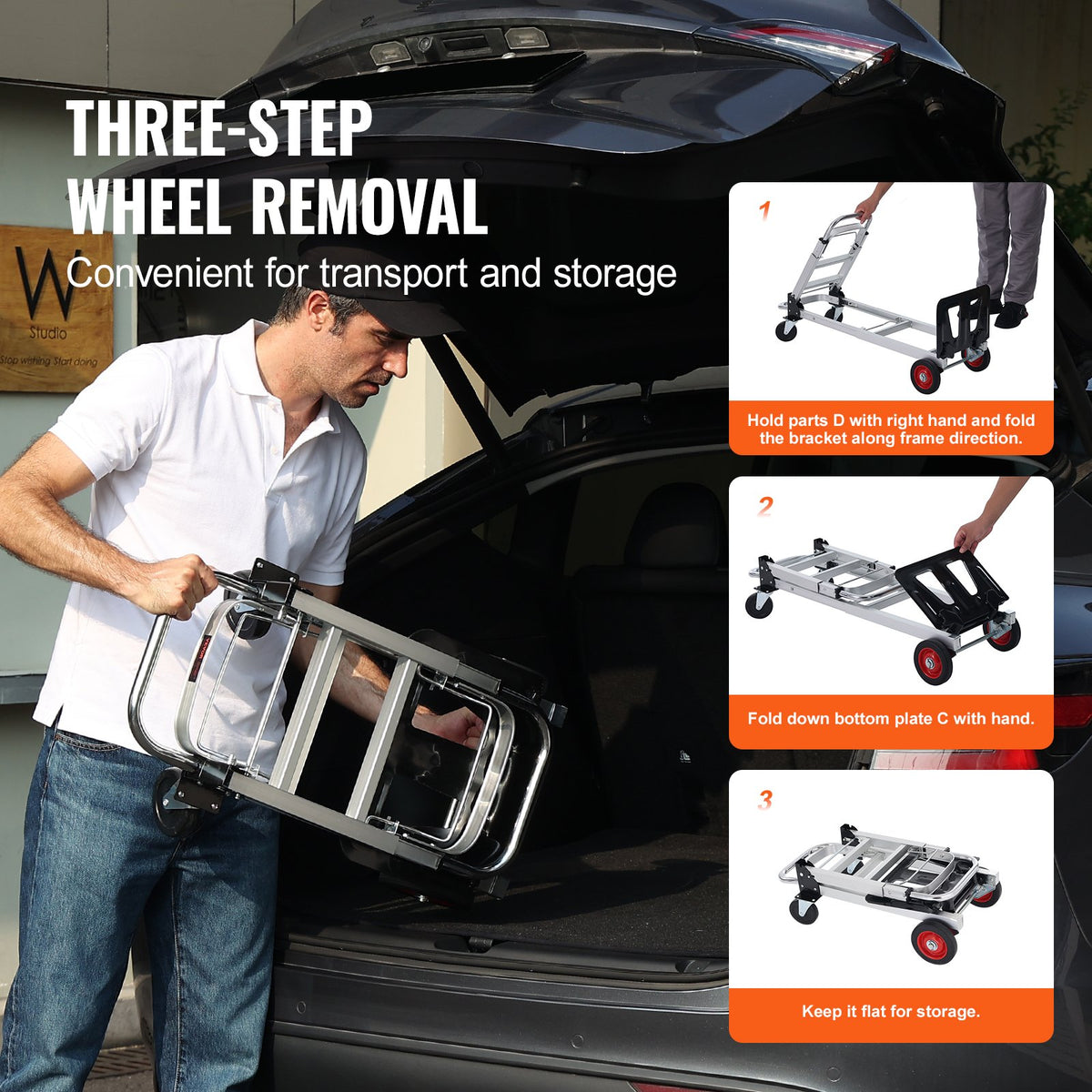 Hand Truck 2-in-1 Aluminum 181KG Convertible Folding Dolly with Rubber Wheels