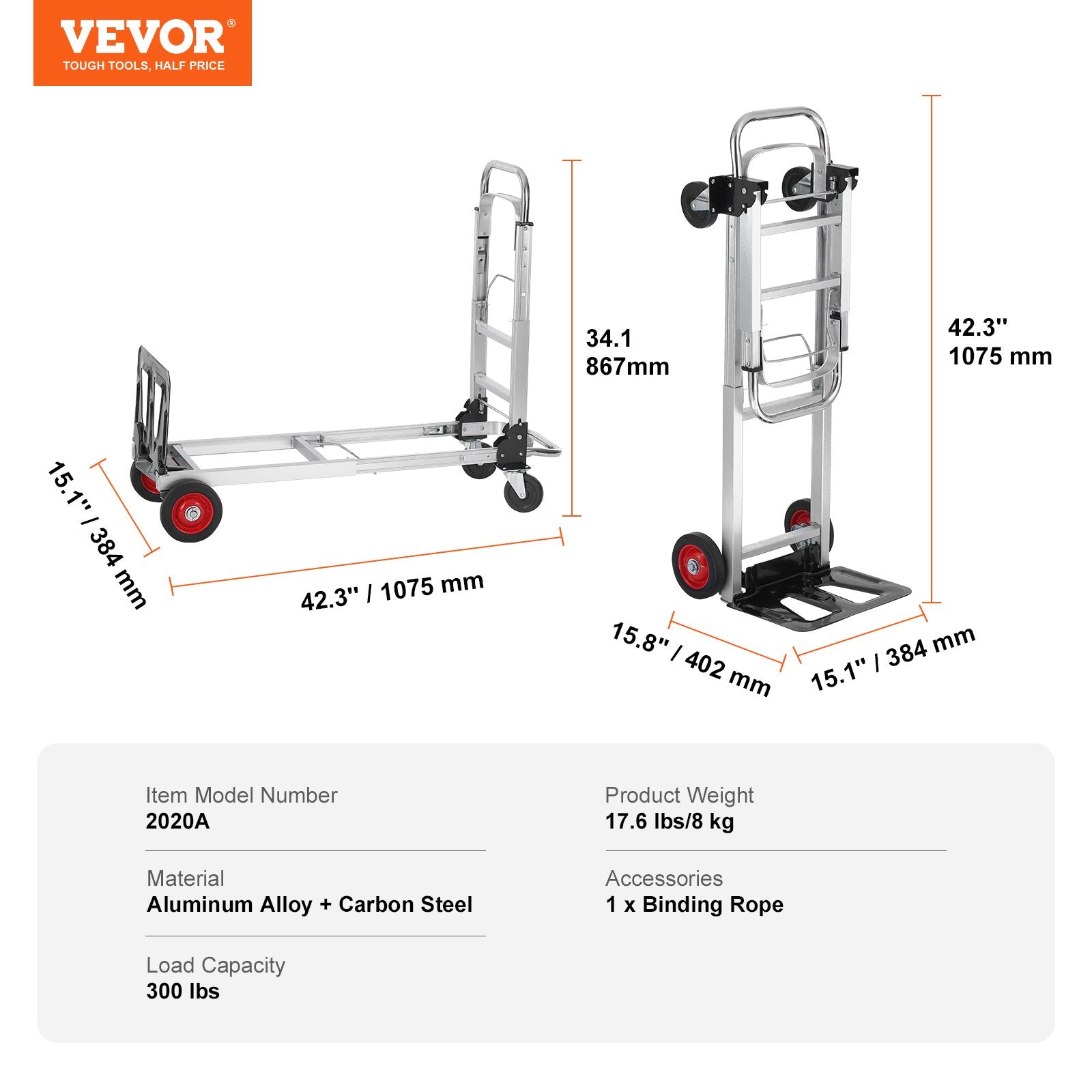 Hand Truck 2-in-1 Aluminum 181KG Convertible Folding Dolly with Rubber Wheels