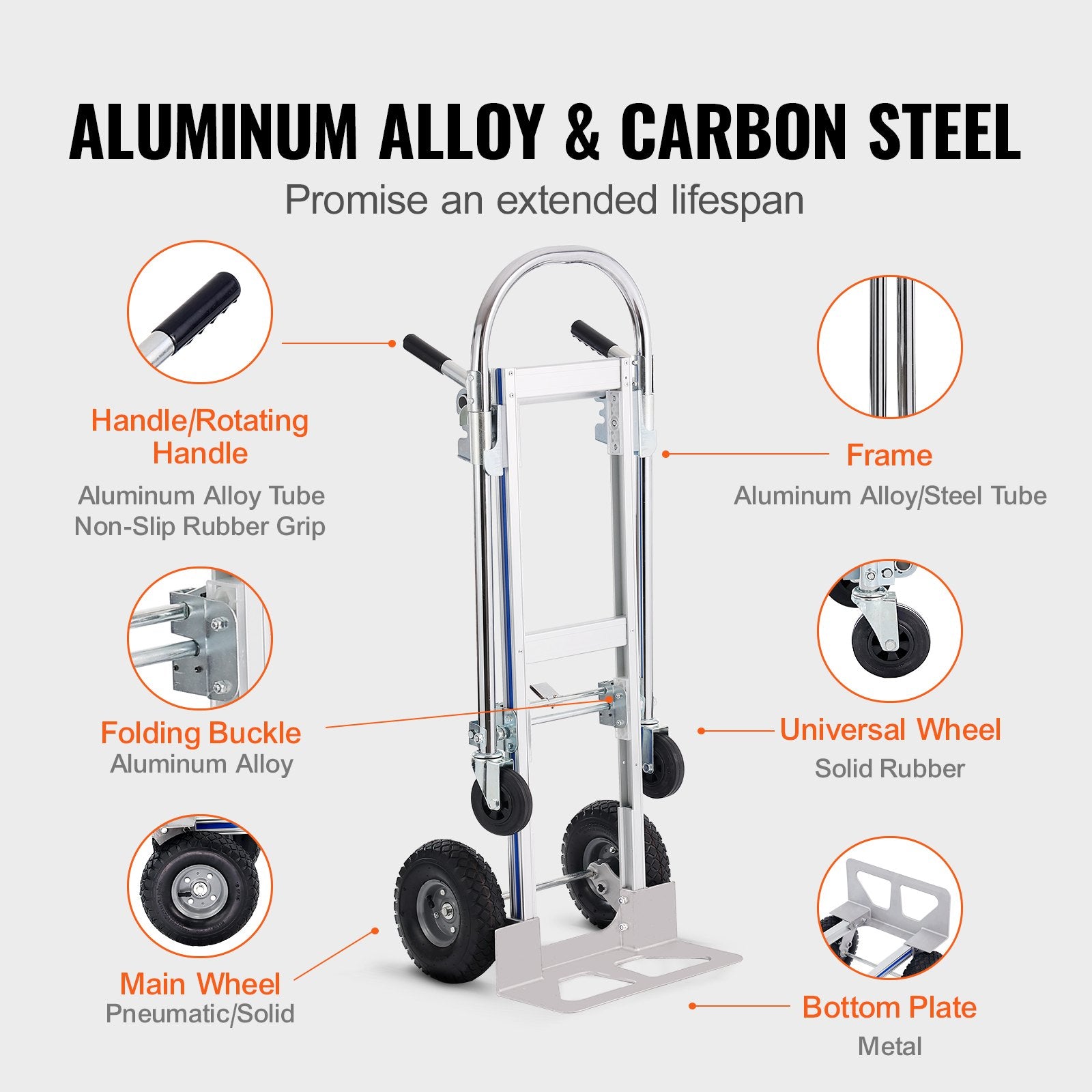 Hand Truck 2-in-1 Aluminum 363KG Convertible Folding Dolly with Rubber Wheels