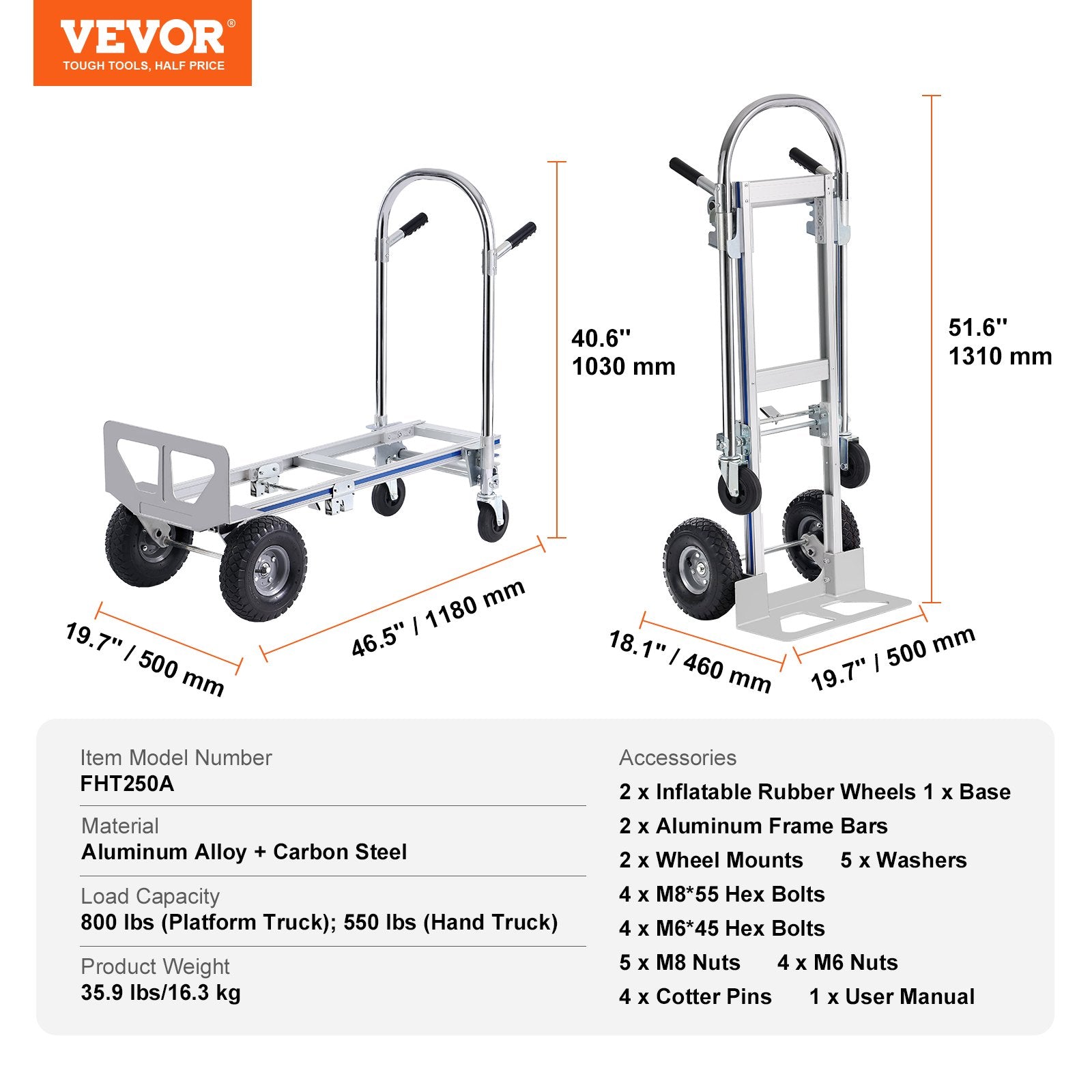 Hand Truck 2-in-1 Aluminum 363KG Convertible Folding Dolly with Rubber Wheels