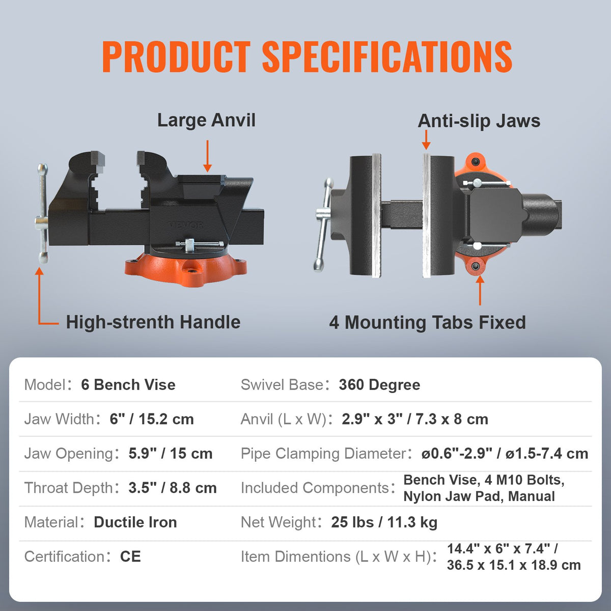 6-Inch Bench Vise with 360-Degree Swivel Base Heavy Duty Workbench Vise