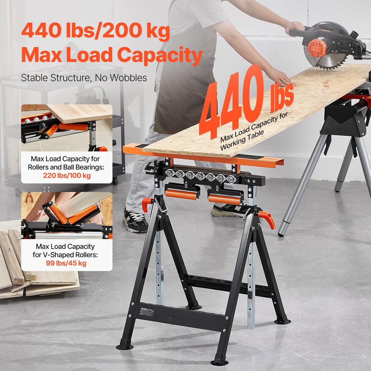 4-in-1 Roller Stand 220kg Load Adjustable 838-1270mm Folding Heavy Duty Woodwork