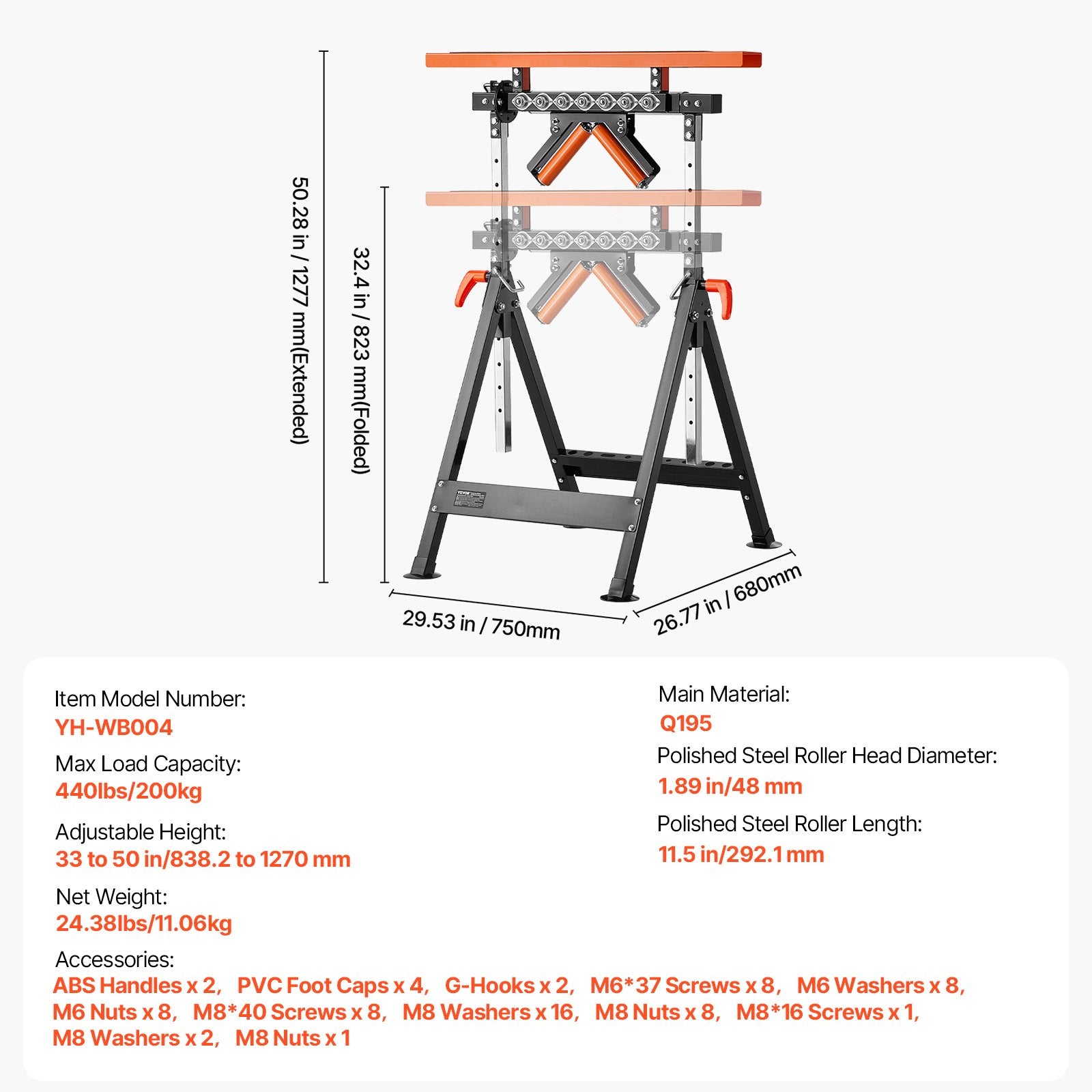 4-in-1 Roller Stand 220kg Load Adjustable 838-1270mm Folding Heavy Duty Woodwork