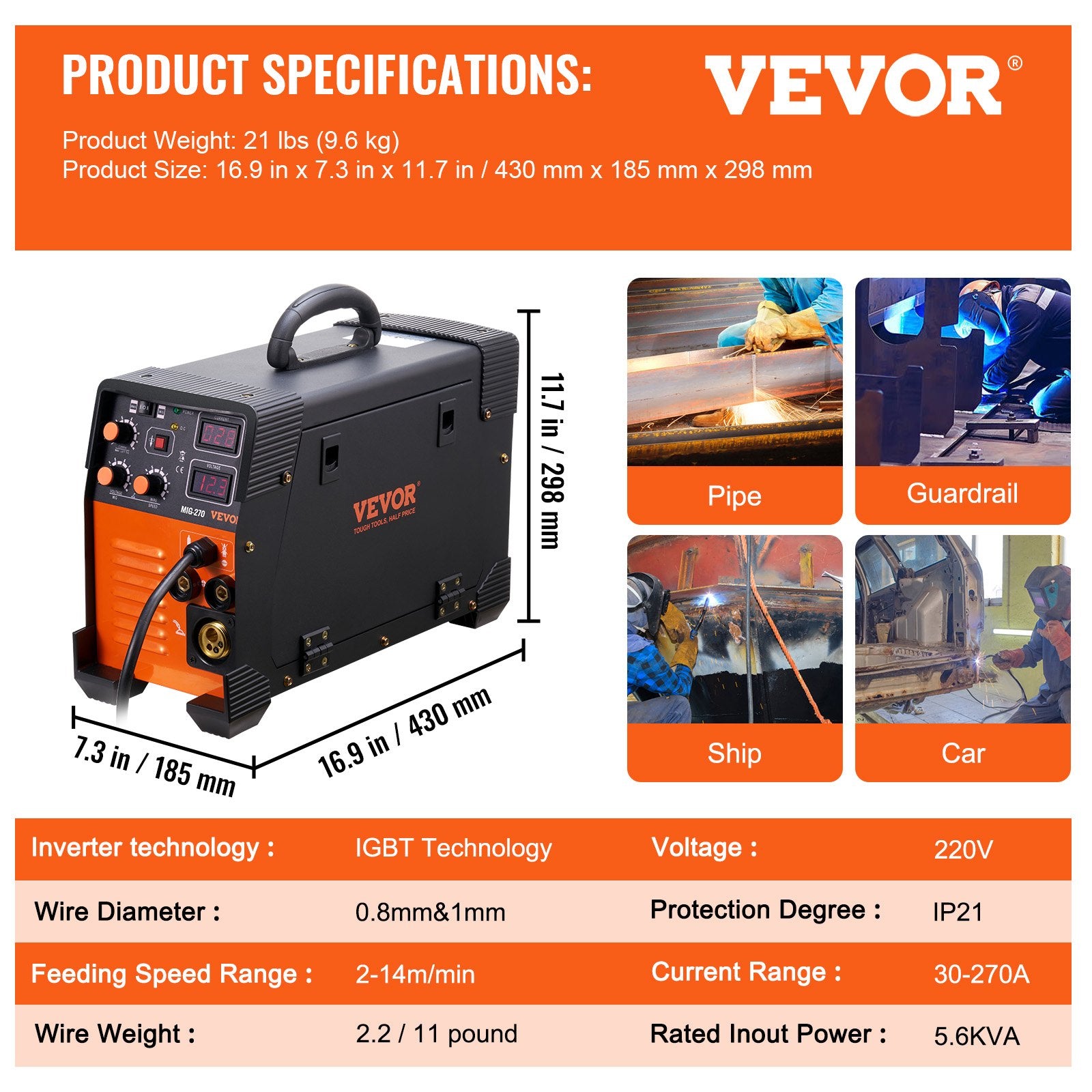 MIG Welder 3-in-1 270 Amp MIG Lift TIG Arc IGBT DC Inverter Digital Display